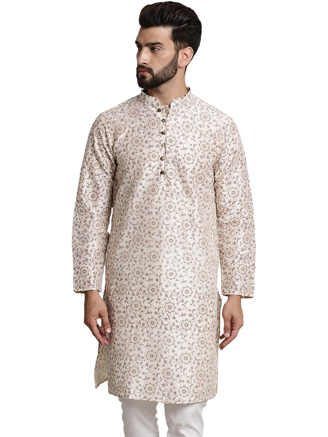 Sojanya (Since 1958 Men's Silk Blend Cream Color Print Design Only Long Kurta