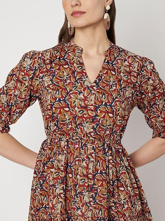 Image of PIDAVLIYA'S Women's Cotton Floral Printed Midi Dress | V-Neck Fit & Flare Dress with Puff Sleeves | Casual Summer Wear