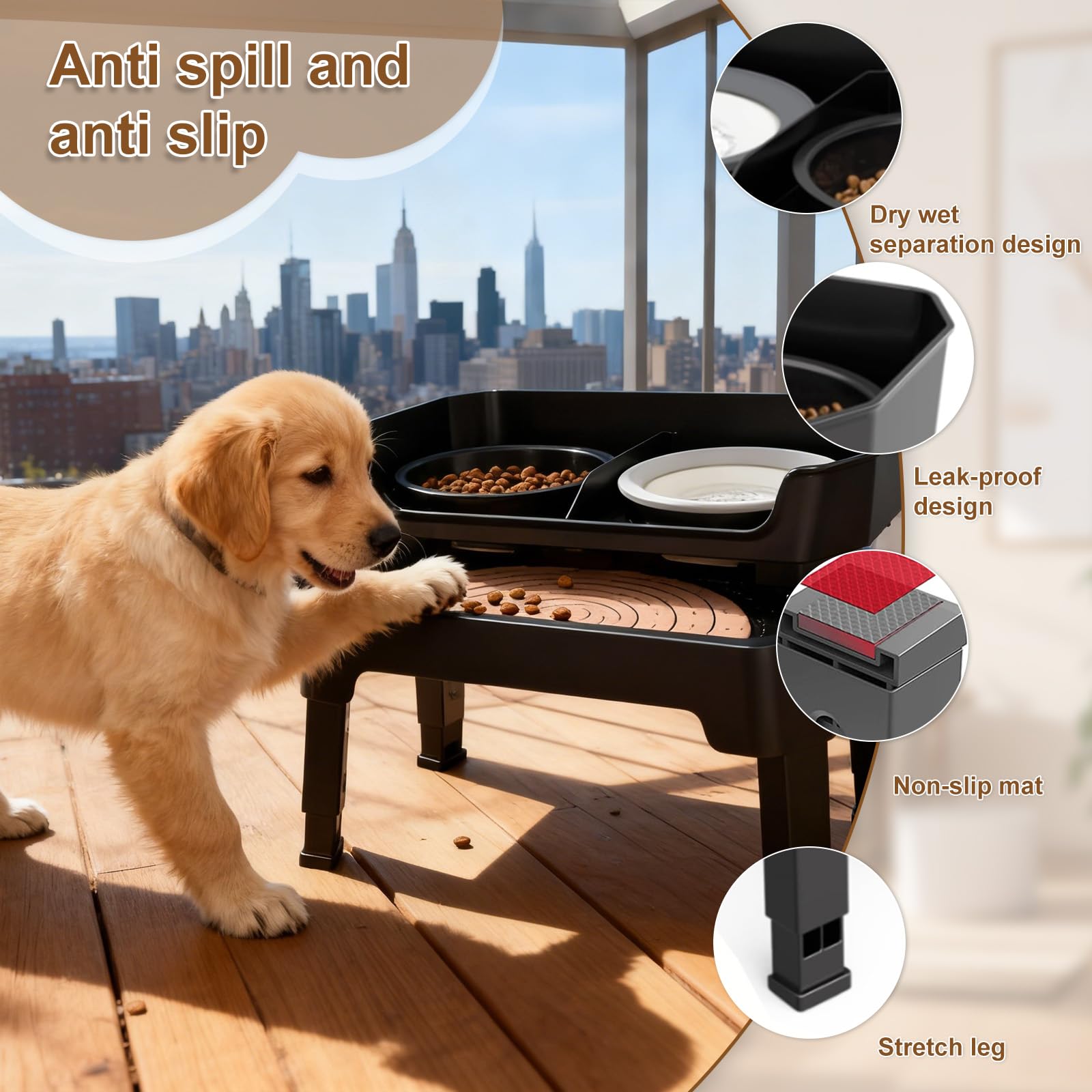 Cuenco elevado para perros, soporte elevado ajustable de 4 alturas con 2 cuencos y comedero lento, para perros grandes, medianos y pequeños (altura ajustable de 6.3 pulgadas, 11.4 pulgadas, 13