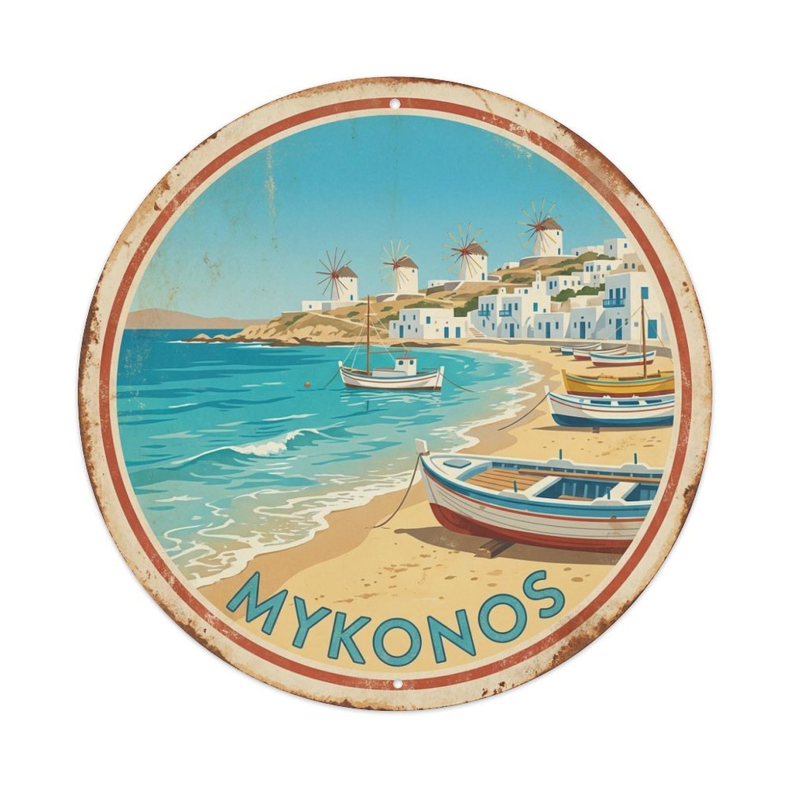 Beach Aegean Sea of Mykonos Coastal Travel Vintage Metal Tin Sign