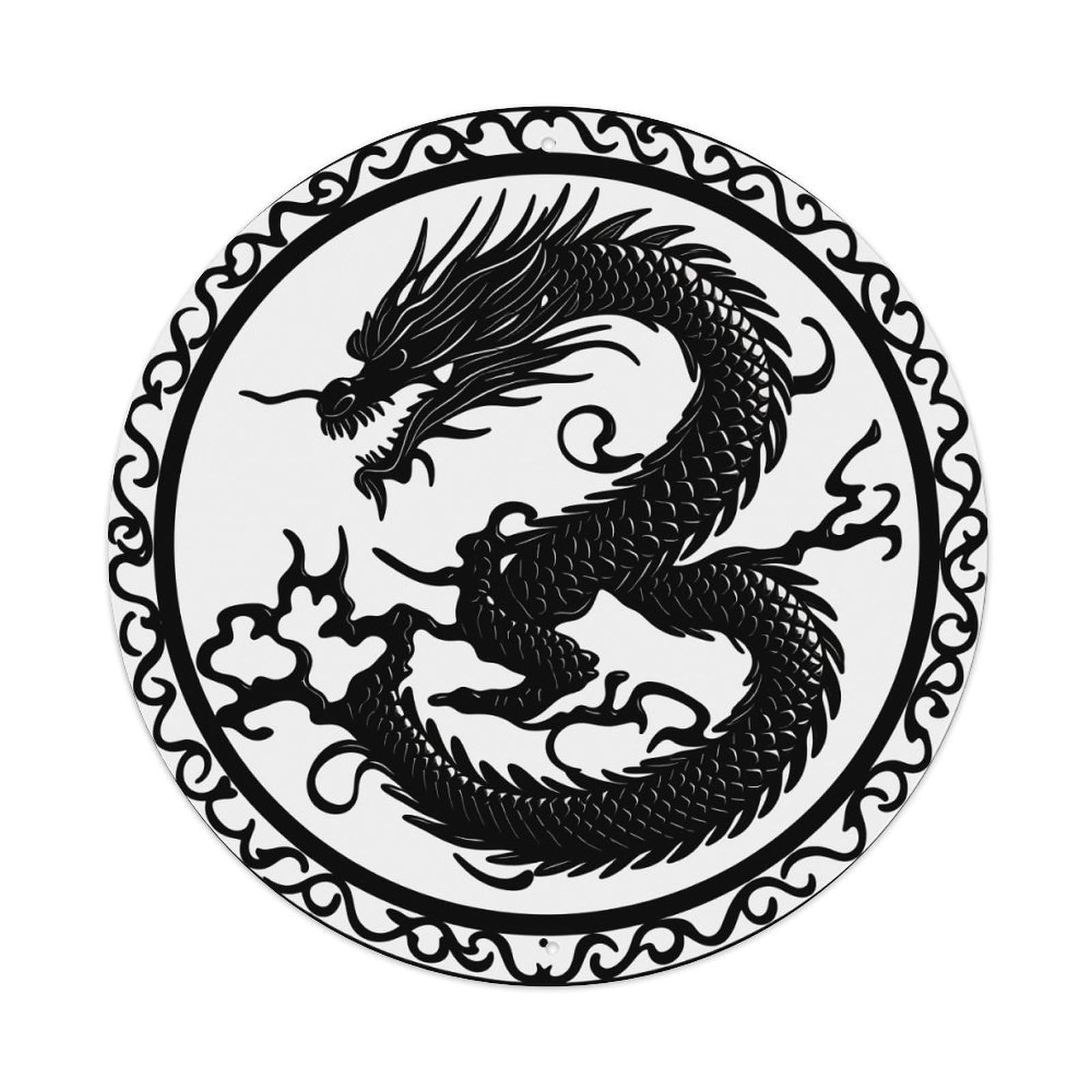 Dragon In Circle With Ornate Border Pattern Round Vintage Tin Sign,Retro Wall Art,Metal Poster for Home, Bar, Garage, Cafe, Rustic Indoor & Outdoor Decor, 8x8 Inches