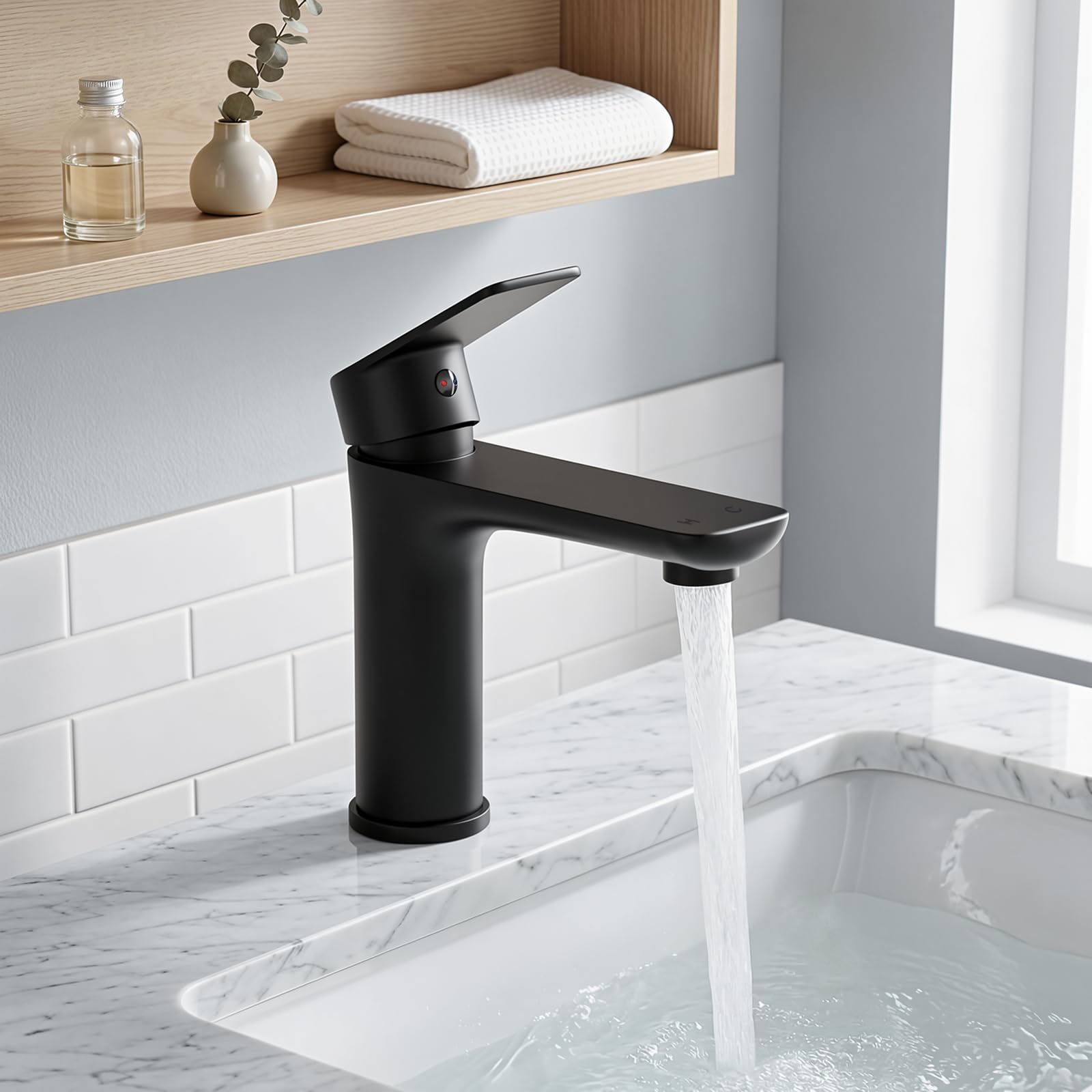 Bathroom Basin Mixer Tap, Stainless Steel Sink Tap with Aerator, Single Lever Bathroom Tap, Water Saving, Leak-Free Ceramic Valve, 1 Hole with 60cm G1/2 Hoses (Black)