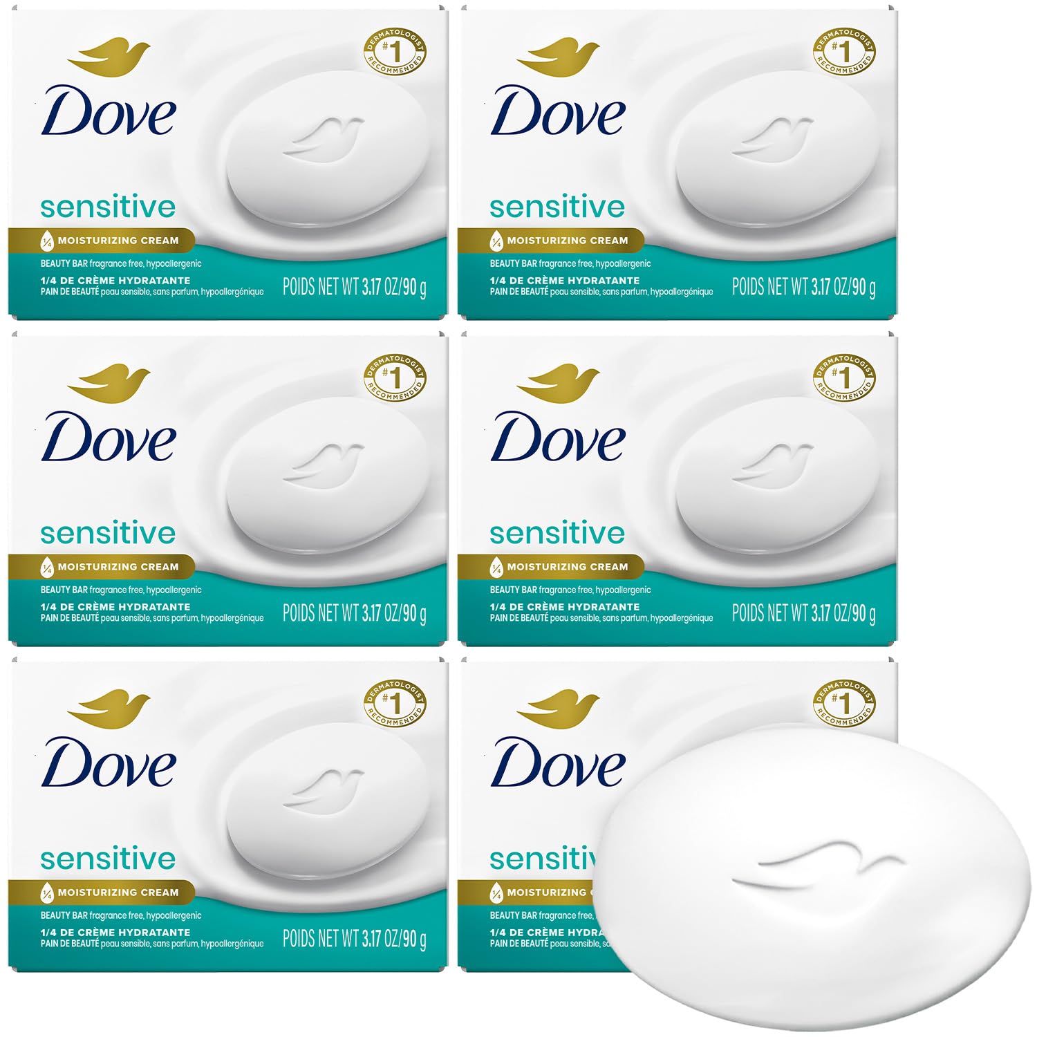 Beauty Bar, Bulk Soap, Fragrance-Free, Sensitive 6-Pack with ¼ Moisturizing Cream for Soft, Smooth Skin, 3.17 Oz Ea