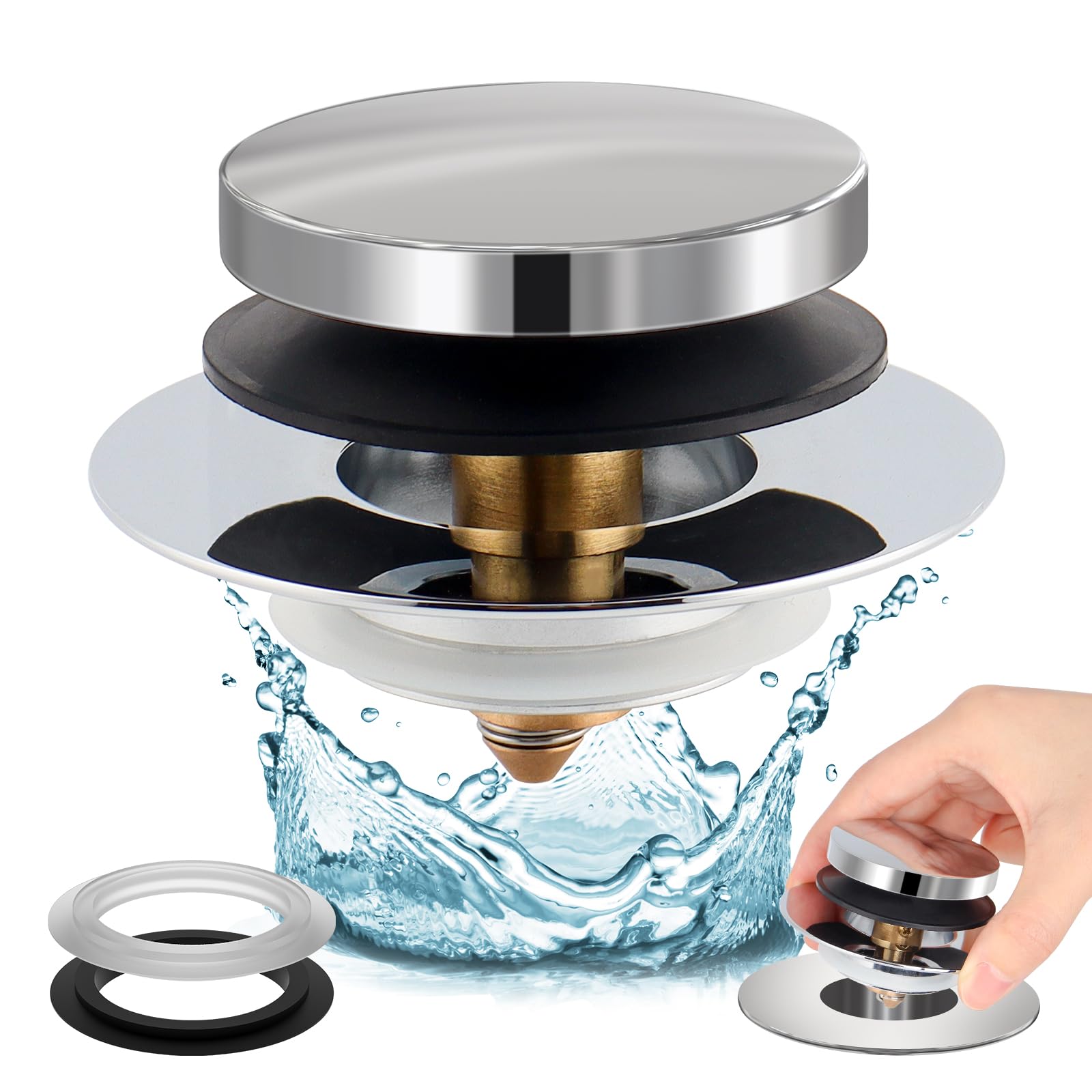 Vantency Universal Pop Up Bathtub Drain Stopper and Cover, Tip Toe Bath Drain Plug, Replaces Lift and Turn, Tip-Toe and Trip Lever Drains for Tub, Easy to Install and Clean, Solid Brass Metal
