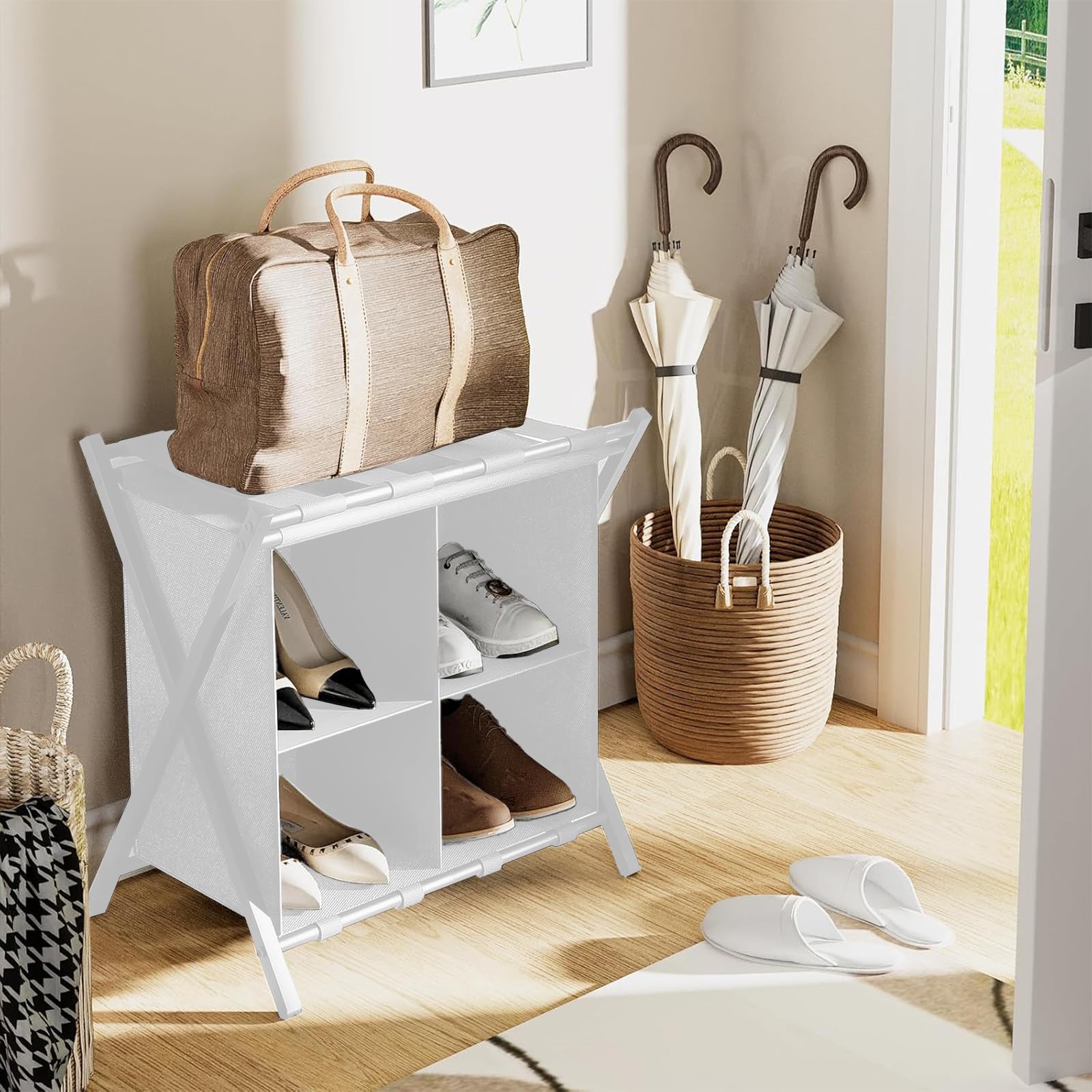 Huhote Portaequipajes para habitación de invitados, juego de 2, soporte plegable para maleta con estante de almacenamiento de tela, soporte de equipaje, soporte plegable de acero para habitación de