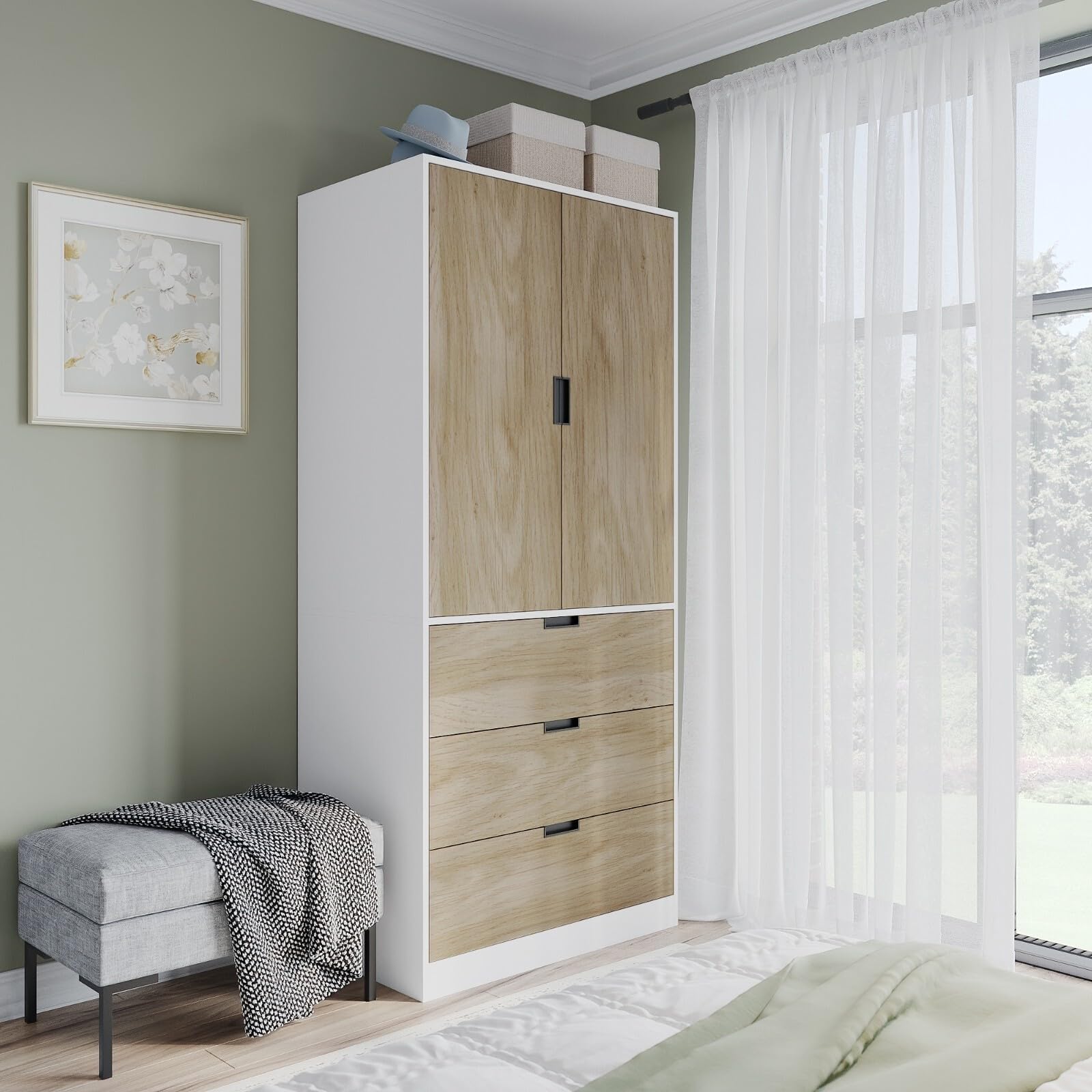 URBNLIVING Modern 2 Door Wardrobe with 3 Drawers & Hanging Rail, Stylish Freestanding Storage, Spacious Interior - Image 5