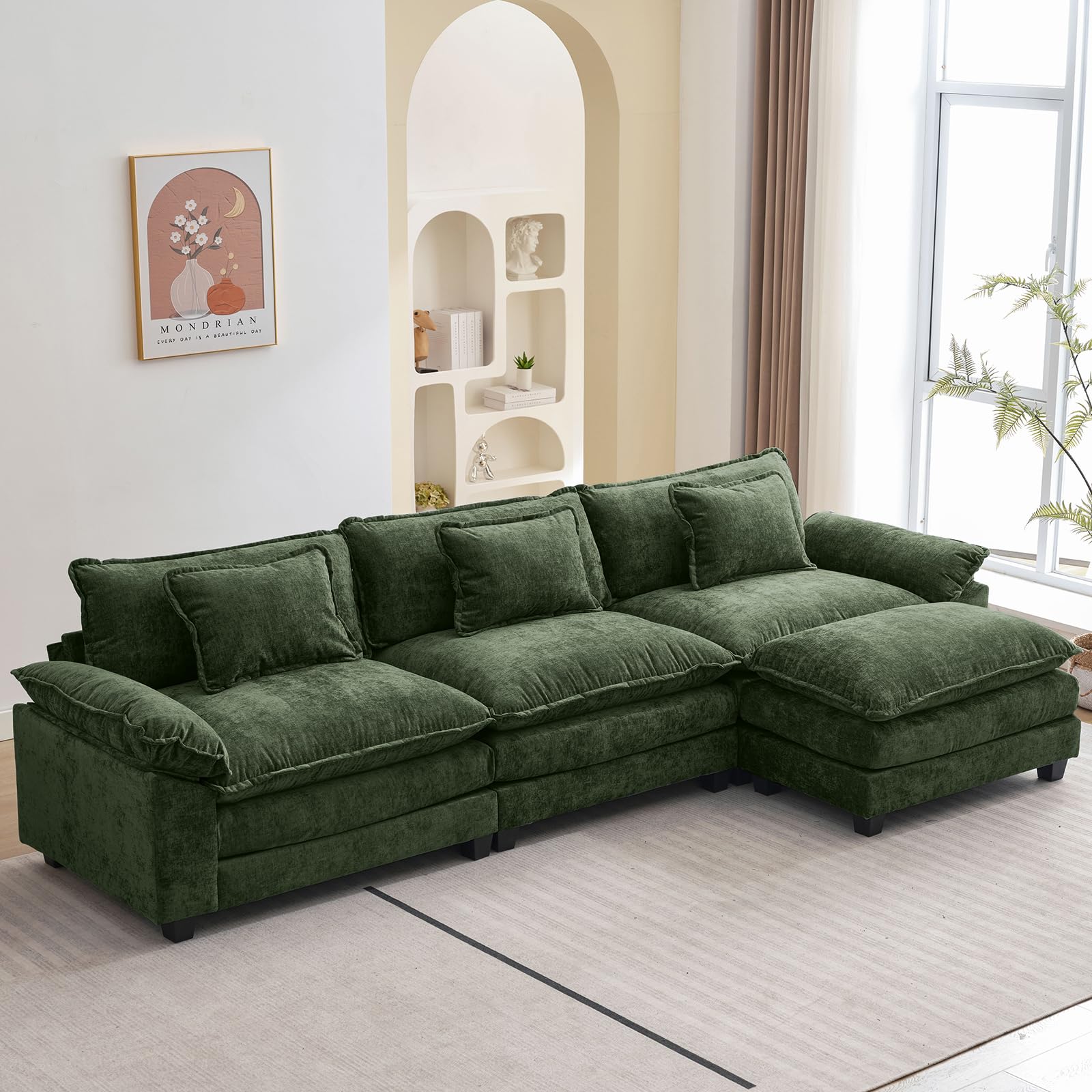 120" Modular Sectional Sofa, Comfy Cloud Couch Sectional Sofa with Ottoman, Chenille Sofa Sleeper Deep Seat Sofa with Throw Pillows for Living Room (Green, 120"- L Shape) Green 120"- L Shape