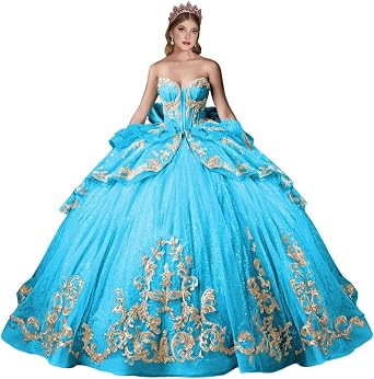 XYAYE Gorgeous Strapless Quinceanera Dresses with Bow Gold Lace Dress | Strapless Boned Corset Quince Gown, Gold Scroll Lace, Side Ruffles, Voluminous Sparkle Tulle Skirt