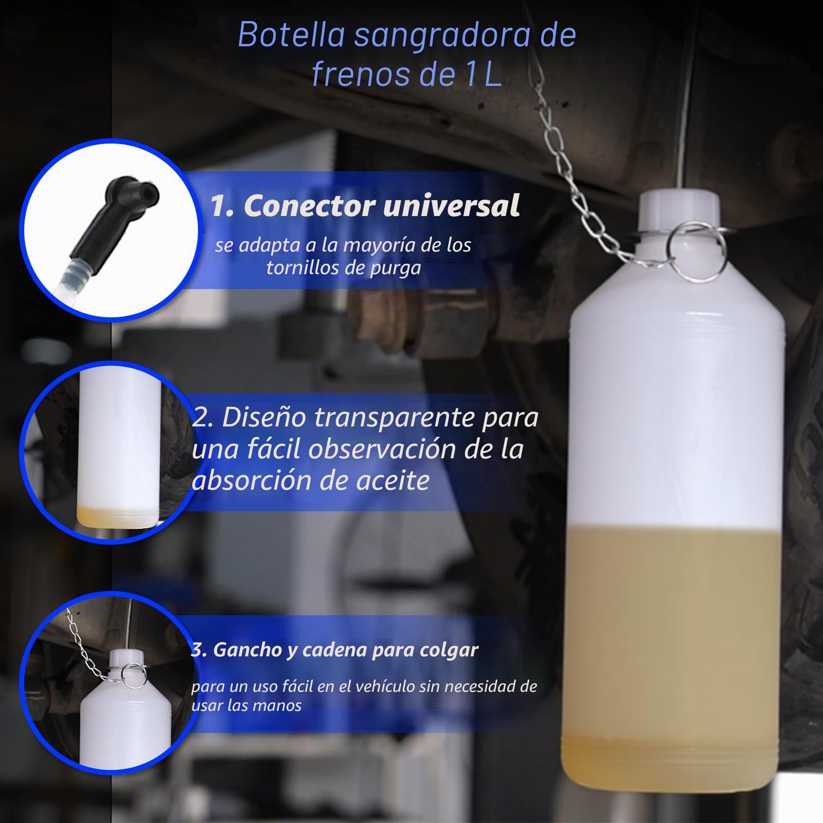 Purgador Frenos Coche 3L Kit Purga Frenos Manual Compatible con Coches Europeos/Japoneses/Koreanos, 5 adaptadores E20 + Recipiente 1L, fácil de Usar para Sistema ABS