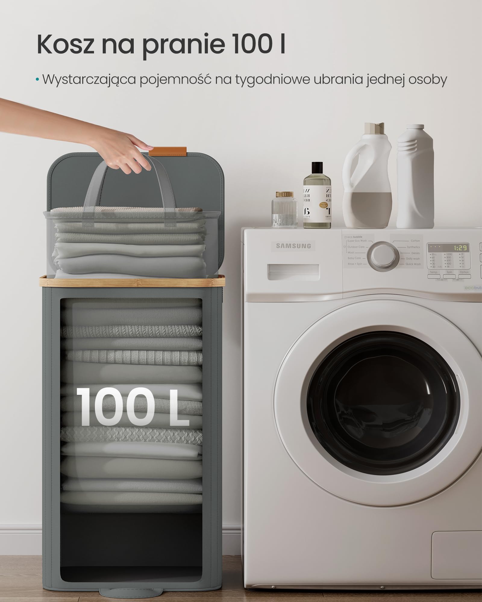 SONGMICS Kosz na pranie z pokrywką, kosz na pranie, kosz na pranie, wyjmowany worek na pranie, rama bambusowa, do pralni, sypialni, 100 litrów, szary łupek LCB531GN01