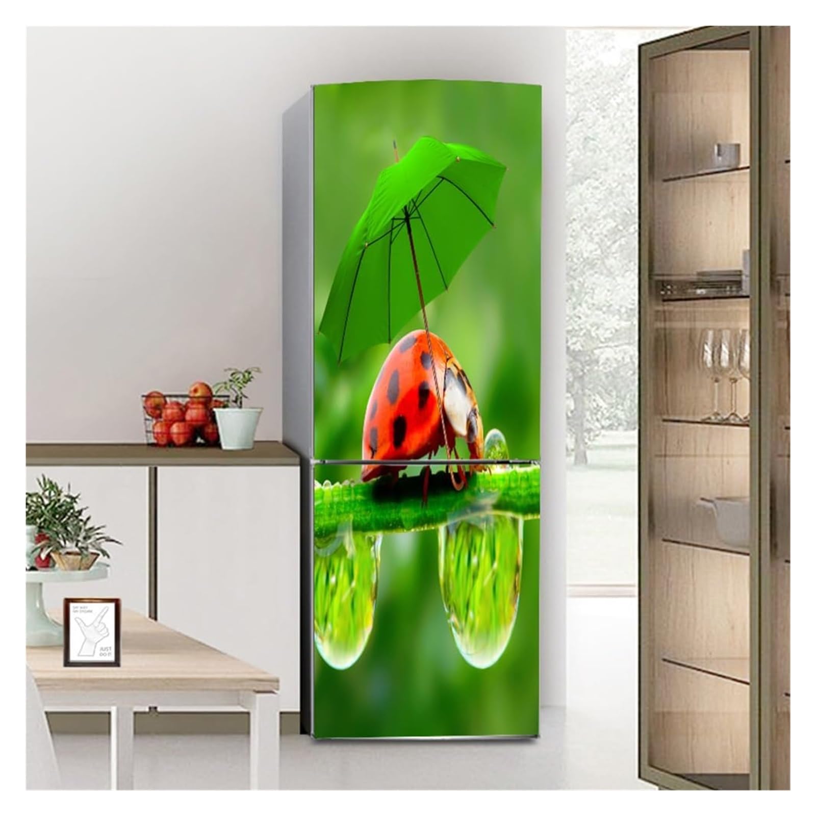 GDHKDDFL Minimalist, luxury-inspired fridge decals, Freezer Skins Wall Stickers for Kitchen Decal, Ladybugs with Green Umbrella(M: 60x180 cm)