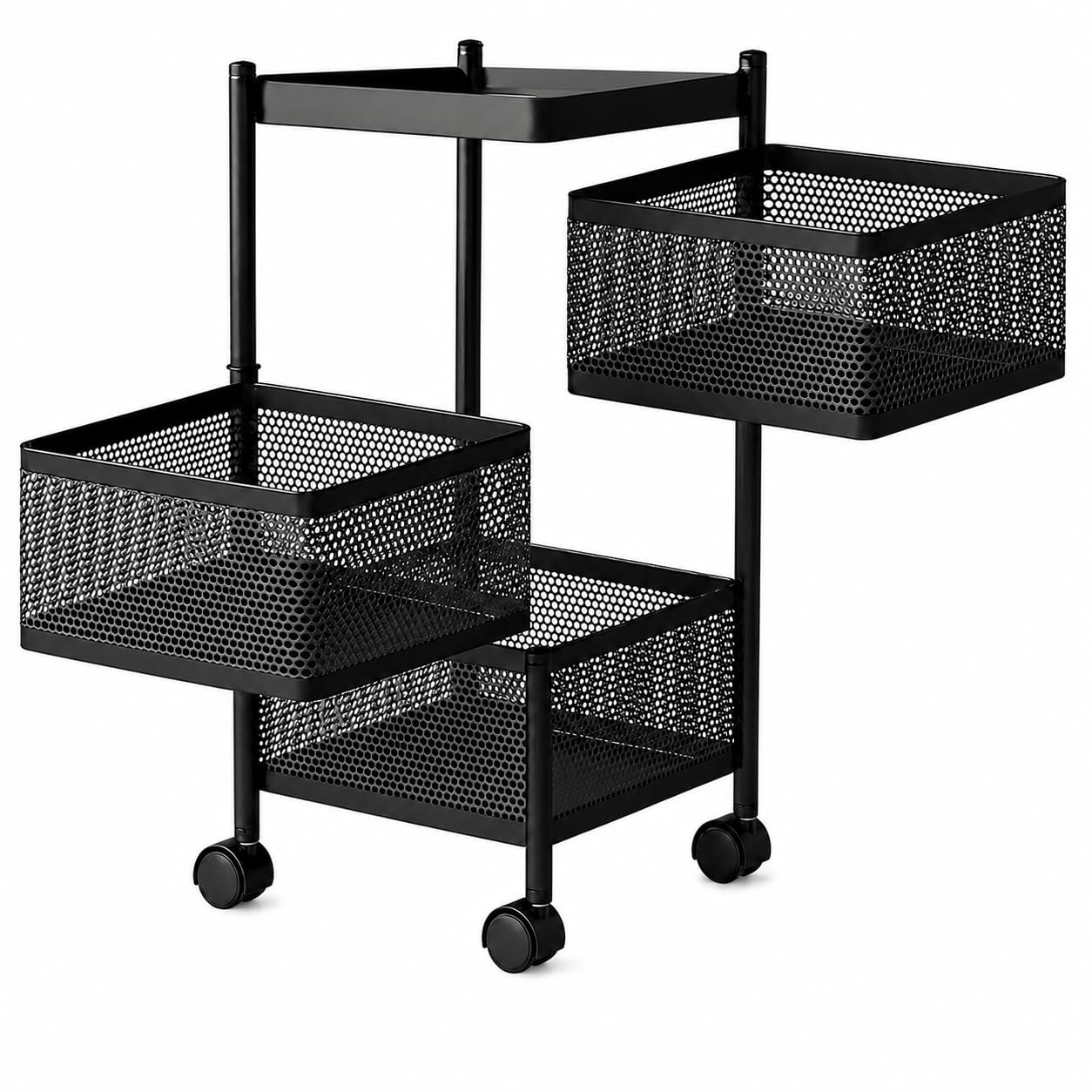 4 Tier Rotating Fruit and Vegetable Storage Cart with Wheels – Freestanding Metal Kitchen Organiser, Mobile Basket Rack for Pantry, Bathroom, Snacks, Craft Supplies and Home Storage