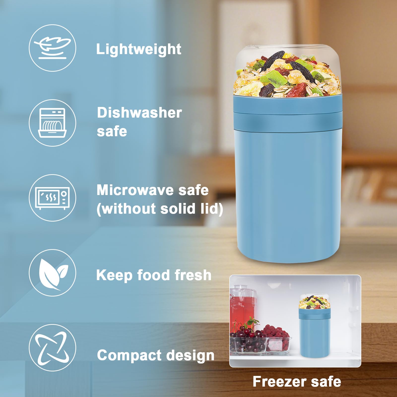 Zikenis 2 in1 Tazza Yogurt to Go,Tazze Cereali 520ML+250ML,Tazza per cereali to go per bambini,Tazza di cereali portatile,Bicchiere per yogurt a doppio strato,per la scuola (Blu)