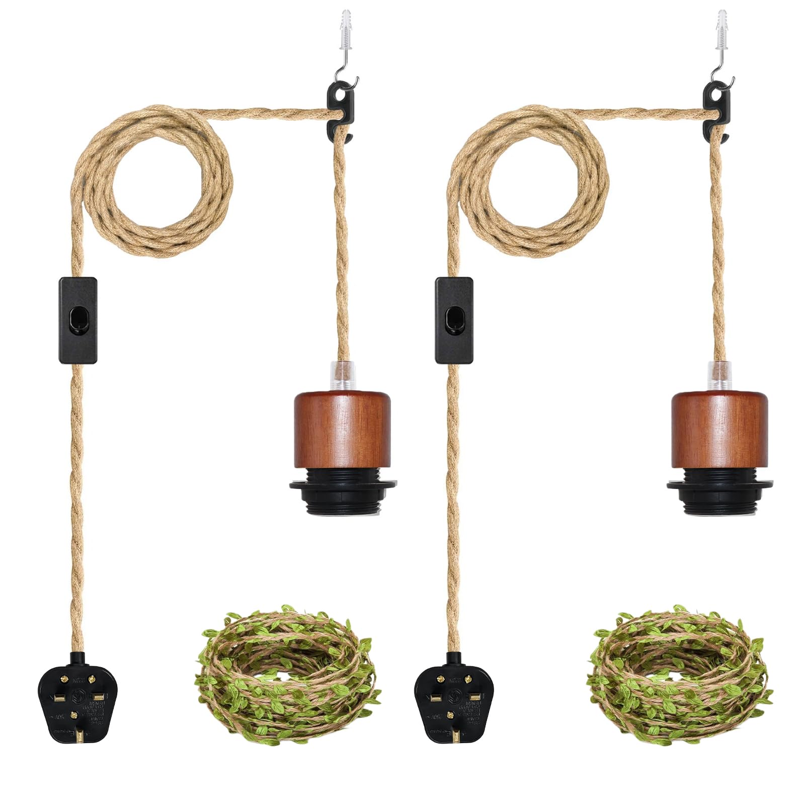 ZRLXFM 2PCS 5.1m Plug-in Hanging Light with E27 Lamp Holder, Hemp Rope Pendant Lights with Switch, DIY Ceiling Suspended Fixture Kit for Farmhouse Lighting Decors, with 5m Green Decorative Cord