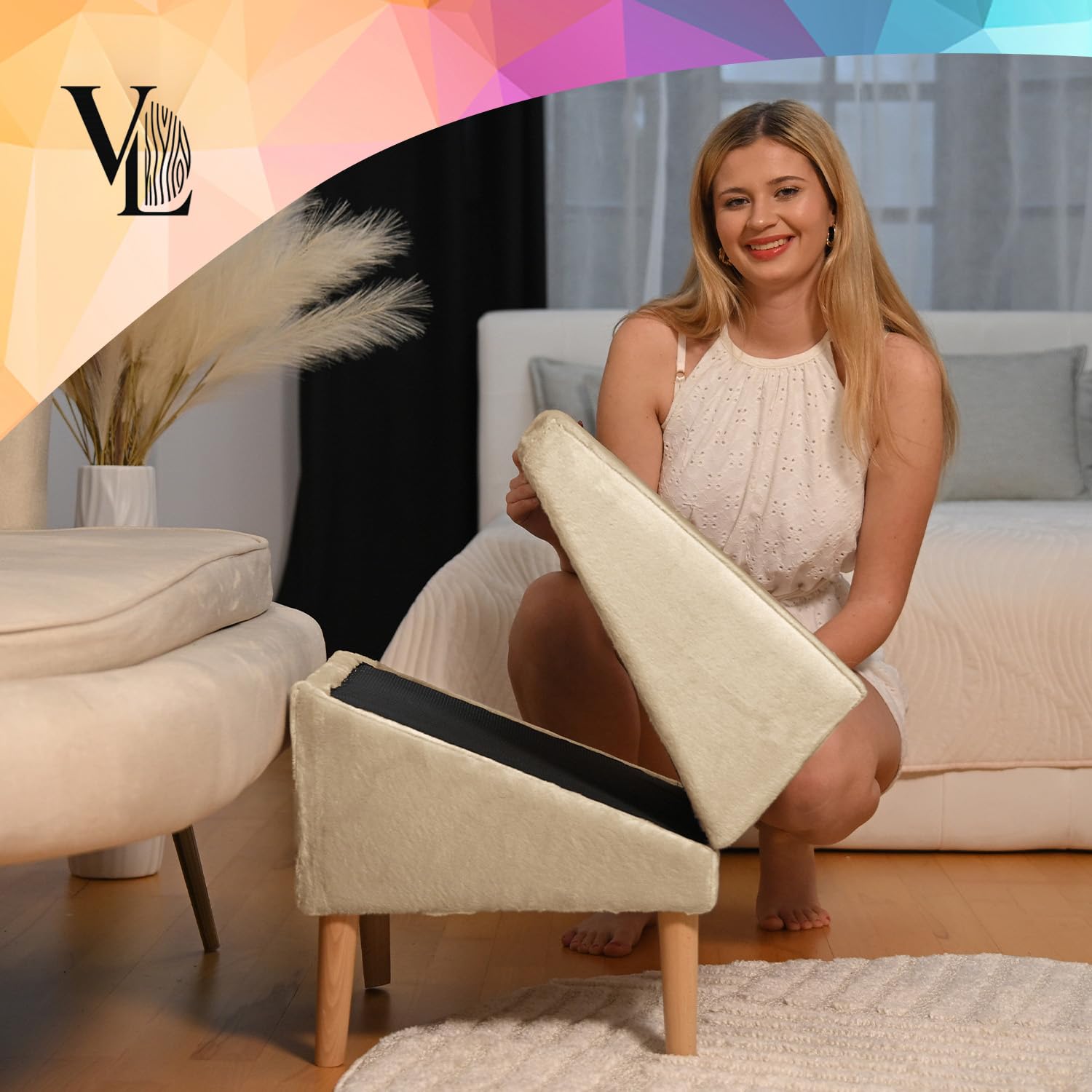 VELORA H&L Rampe pour Chien Beige - 2 en 1 Pouf et Rampe pour Chien, Escalier Pliable, Structure en Bois Robuste, Revêtement en Velours, Surface Antidérapante pour Chiens et Chats