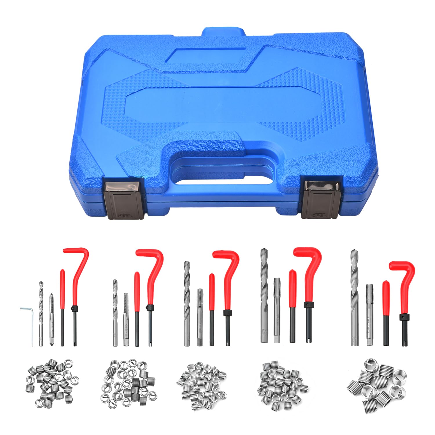 Set di 131 attrezzi per la riparazione di filettature, metriche M5, M6, M8, M10, M12, con trapano HSS e inserti filettati