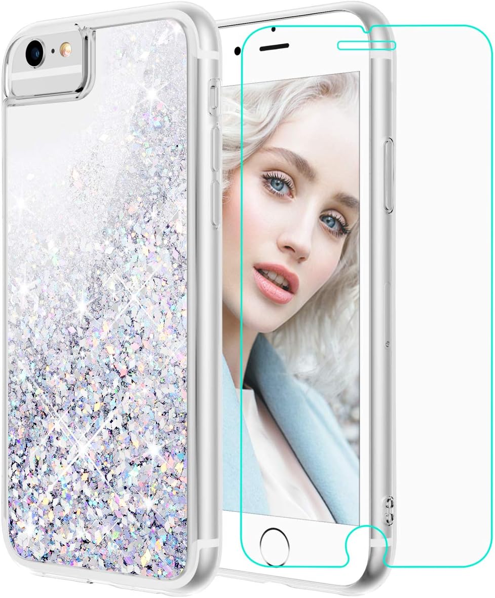 Maxdara Case for iPhone 6S/6 Glitter Case [Tempered Glass Screen Protector] Liquid Floating Bling Sparkle Luxury Shockproof Bumper Pretty Girls Children Case for iPhone 6/6s/7/8 4.7 inches (Silver)