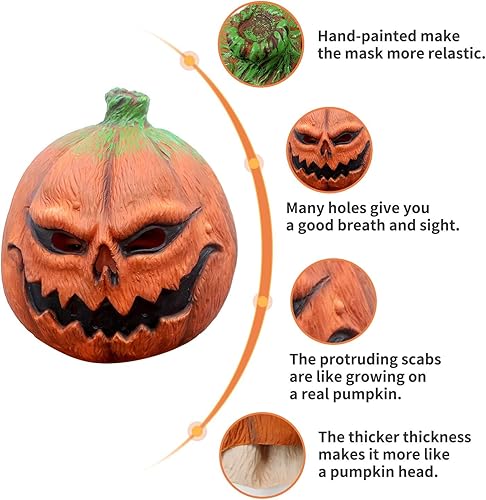 Miniatura 5 de CreepyParty Disfraz de Halloween novedoso de lujo accesorios de fiesta máscara de cabeza de calabaza de látex calabaza naranja
