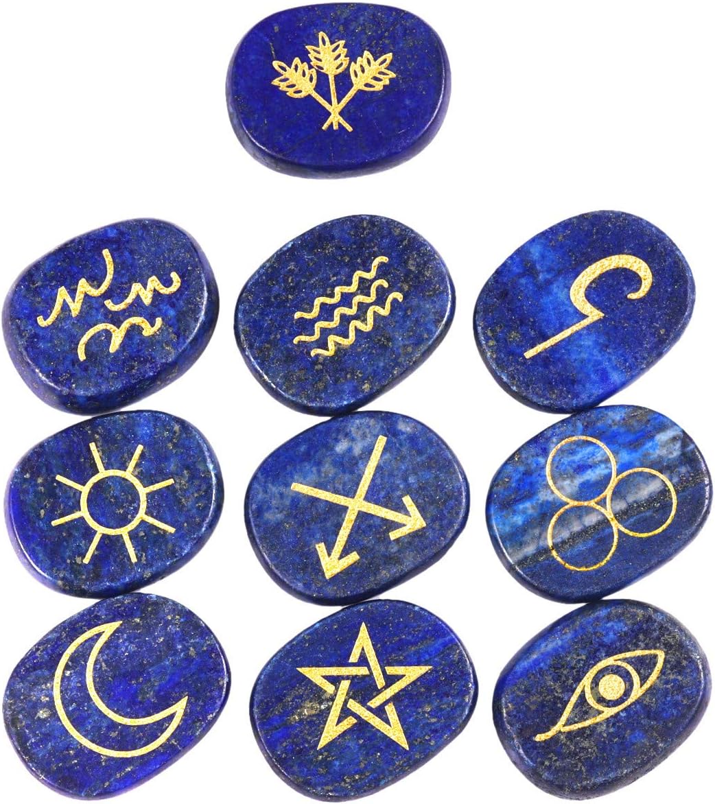 mookaitedecor Lapis Lazuli Witches Runes Set of 10, Healing Crystal Stone with Engraved Gypsy Symbol for Meditation Divination
