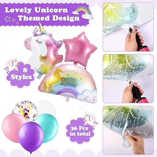 Miniatura 3 de Zhanmai 36 globos de unicornio para decoración de fiesta de cumpleaños, globos de aluminio arcoíris, globos grandes de látex morado y rosa para