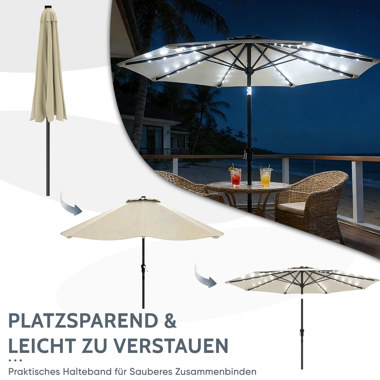 Huracan Sonnenschirm mit LED solar Ø300cm, Gartenschirm ohne Ständer, Balkonschirm Strandschirm UV-Schutz Polyester Wasserabweisend und Schmutzabweisend, Groß Marktschirm für Balkon Terrasse, Creme