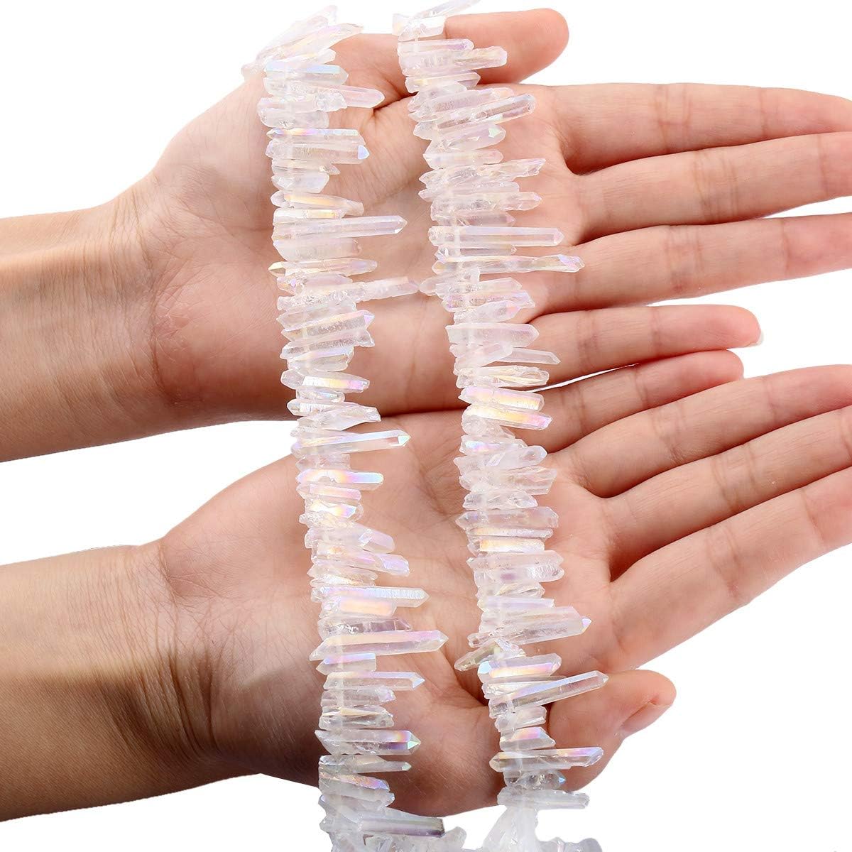 mookaitedecor Titanium Coated Rock Crystal Quartz Crystal Points Loose Beads Sticks Spikes Top Drilled 15 inches Strand