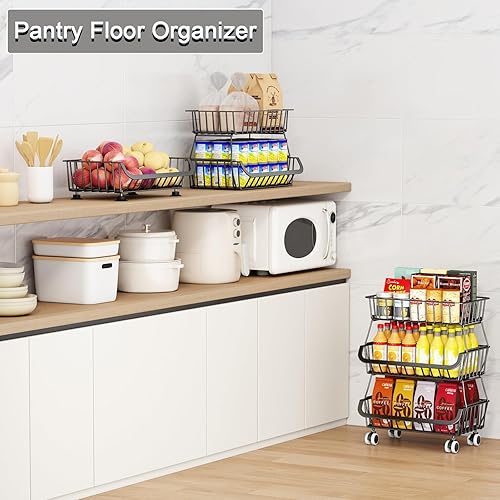 Miniatura 25 de Organizador de piso de despensa rodante de 3 niveles, carrito de almacenamiento apilable con ruedas, cestas de alambre de metal, soporte de cesta de