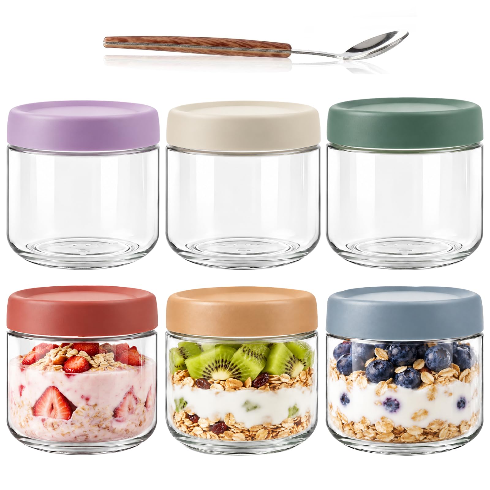 MR.KIANGCI 6 Pack Overnight Oats Jar，350ml Glass Jars with Lids and Spoon