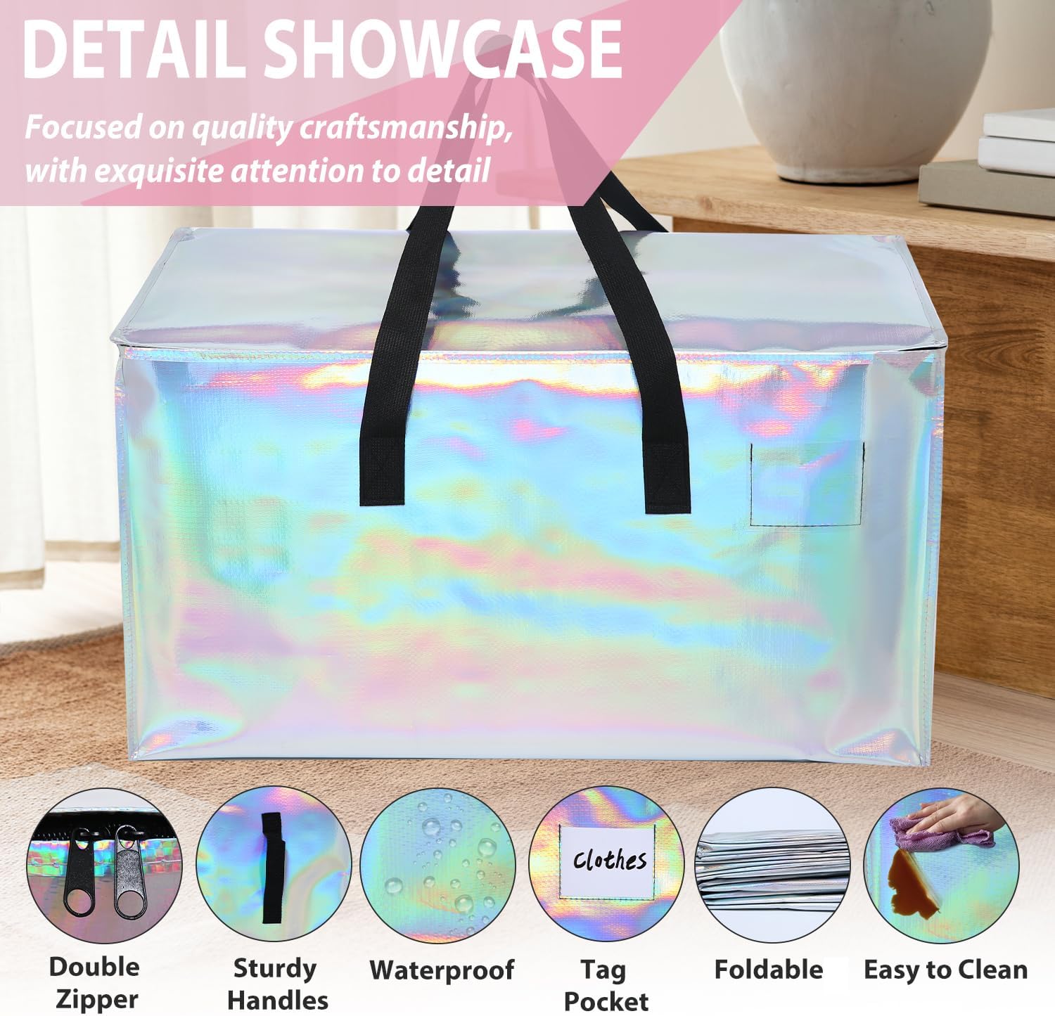 6 Pack Moving Bags Heavy Duty, Extra Large Moving Bags, Moving Supplies, Storage Bags with Handles and Zippers, Waterproof Totes for Storage Saving Packaging Shipping and Travel(Laser Silver) - Image 3