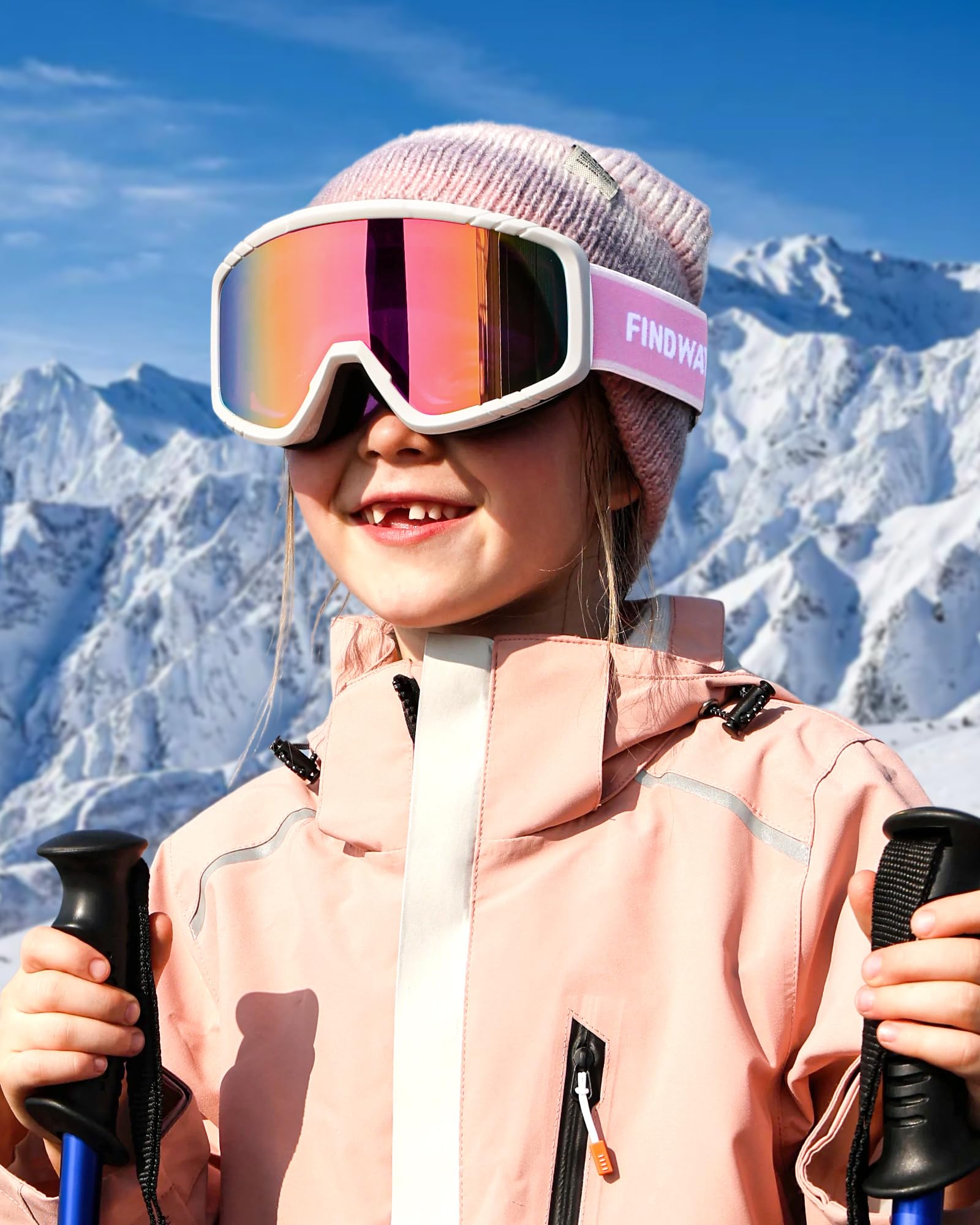 Findway Maschera da Sci, Occhiali da Sci per Bambini maschi, bambini femmine, bambini OTG Maschere Sci, 100% Anti-UV Maschera Sci, Anti Nebbia, Adatto a Snowboard