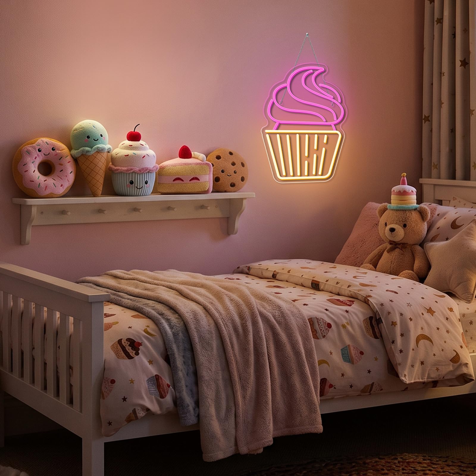 Letrero de neón para magdalenas, luces LED de neón rosa y blanco cálido para decoración de pared, letreros de luz USB para panadería, postres, tiendas, restaurantes, bares, cafeterías