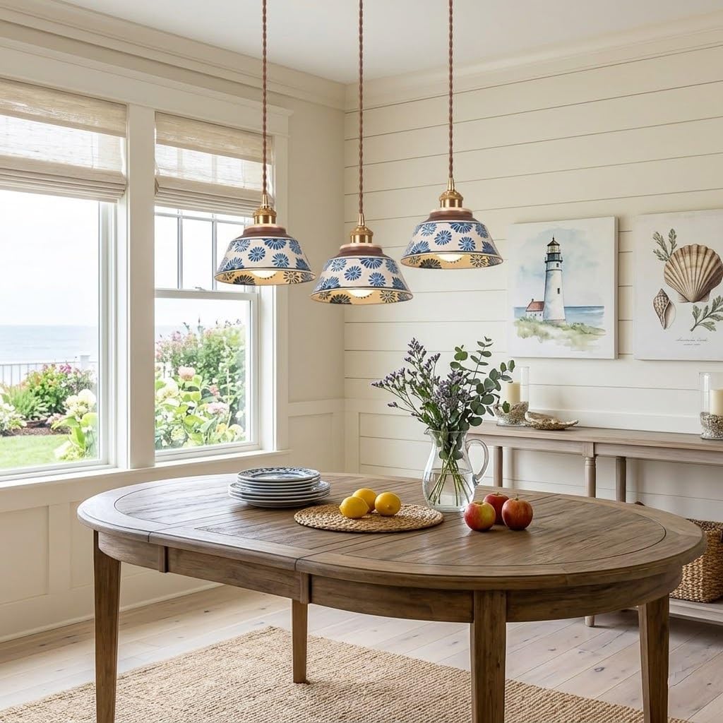Blue and White Porcelain Pendant Light, Vintage Ceramic Hanging Lamp with Brass Finish & Adjustable Braided Cord, Retro Farmhouse Ceiling Fixture for Kitchen Island Dining Room Bedroom(Blue Floral)