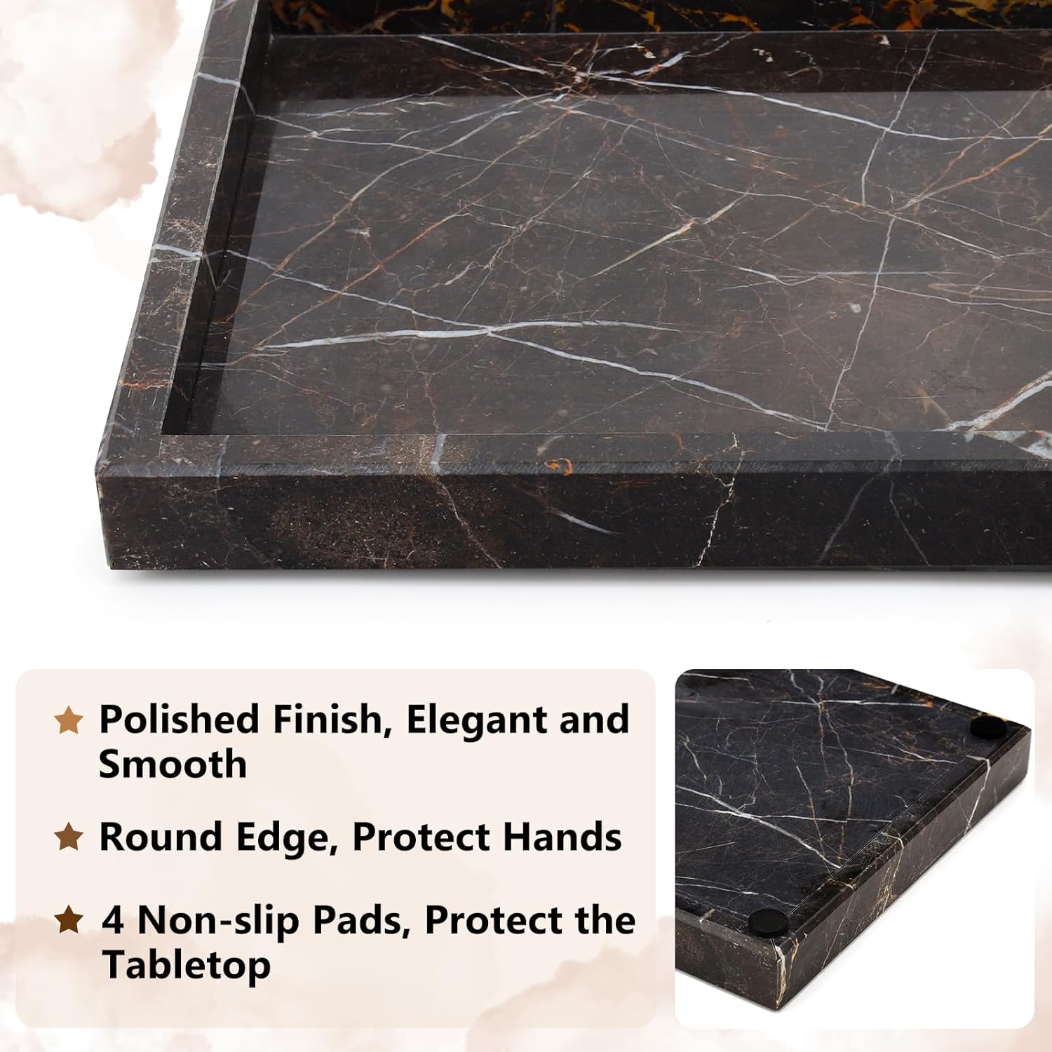 Real Natural Marble Tray for Bathroom, Vanity, Kitchen and Desktop, Rectangle Genuine Marble Stone Tray for Jewelry, Cosmetics, Candles, Lotion, Perfume and Home Decor Brown - Image 3