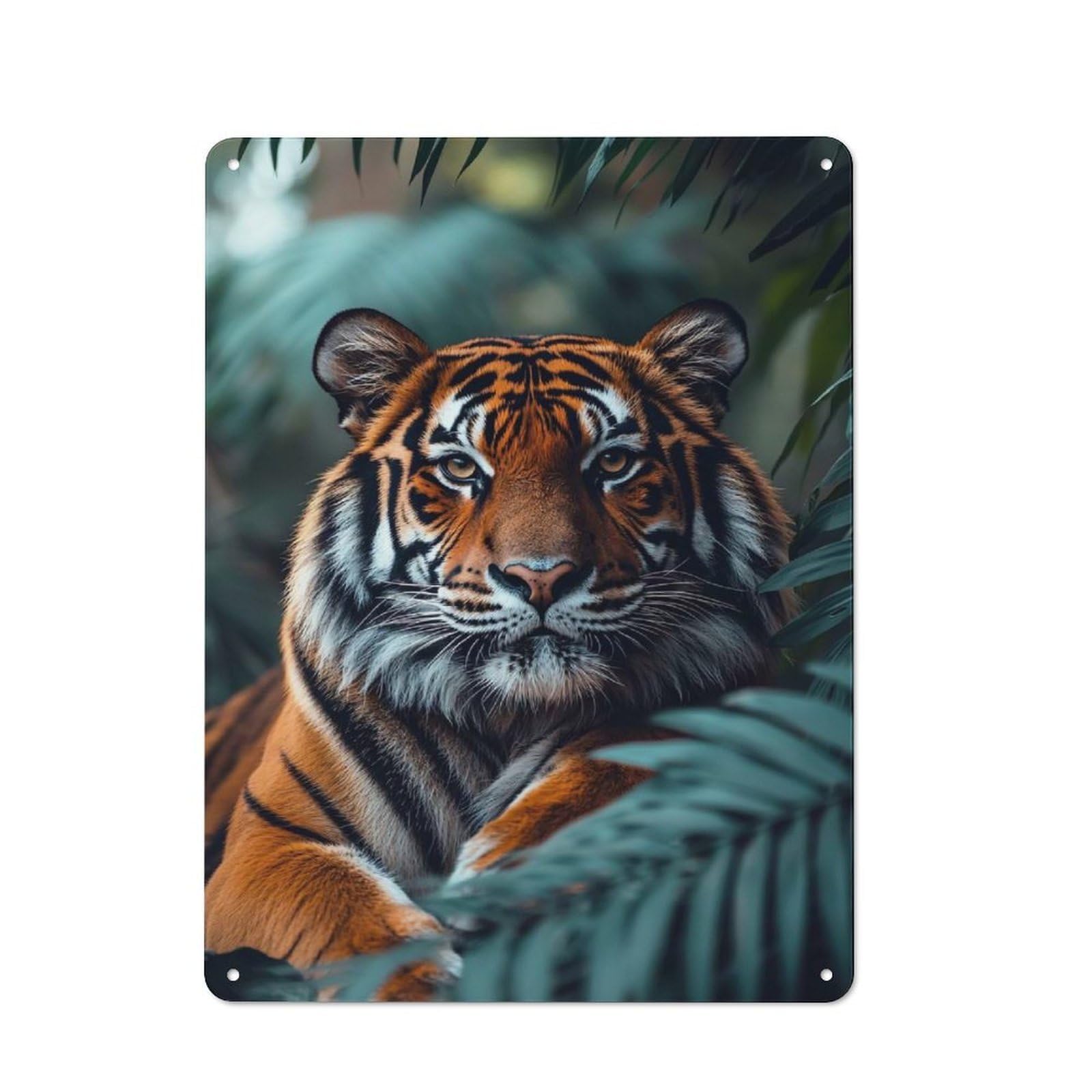 40x30cm Vintage Metal Plaque with Tiger in Lush Greenery for Café Or Restaurant, A Gift at Christmas for Fans of Vintage Wall Decor