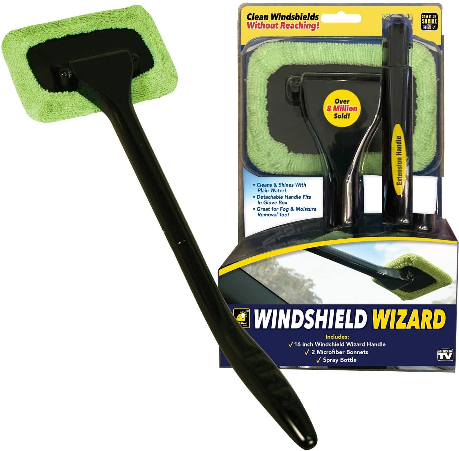 Tool, AS-SEEN-ON-TV, Windshields Without Reaching, Microfiber Window Cleaning Device w/Extra Bonnet & Spray Bottle, Long Detachable 16” Handle, Fits in Glovebox, Black