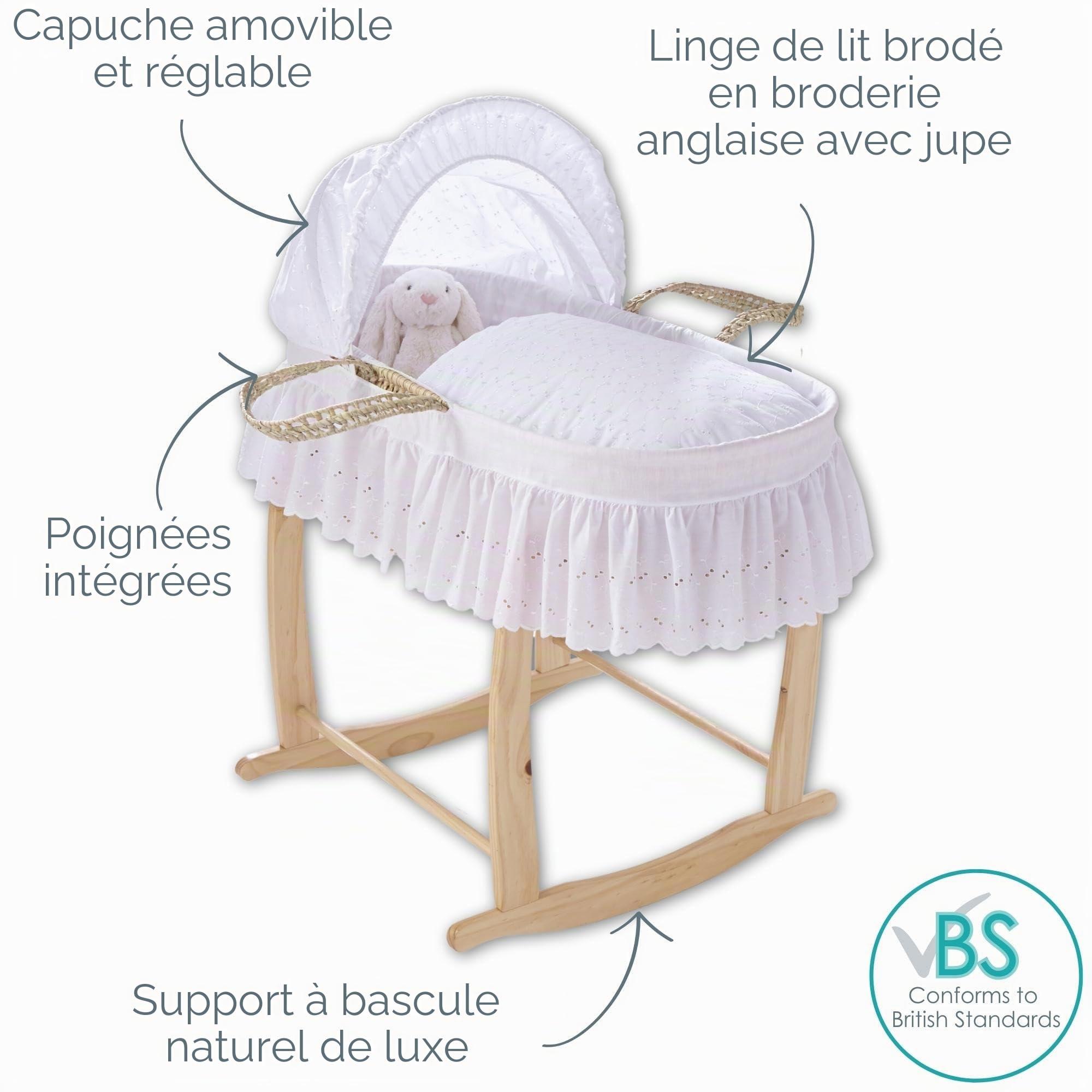 Clair de Lune Couffin Broderie Anglaise en Palmier avec Support à Bascule Deluxe pour bébé 75 x 28 cm