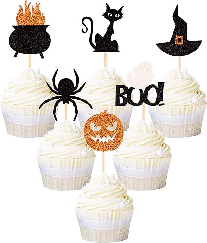 Ercadio Paquete de 24 adornos para cupcakes de Halloween con purpurina negra, murciélago, fantasma, calabaza, sombrero de Halloween para cupcakes,