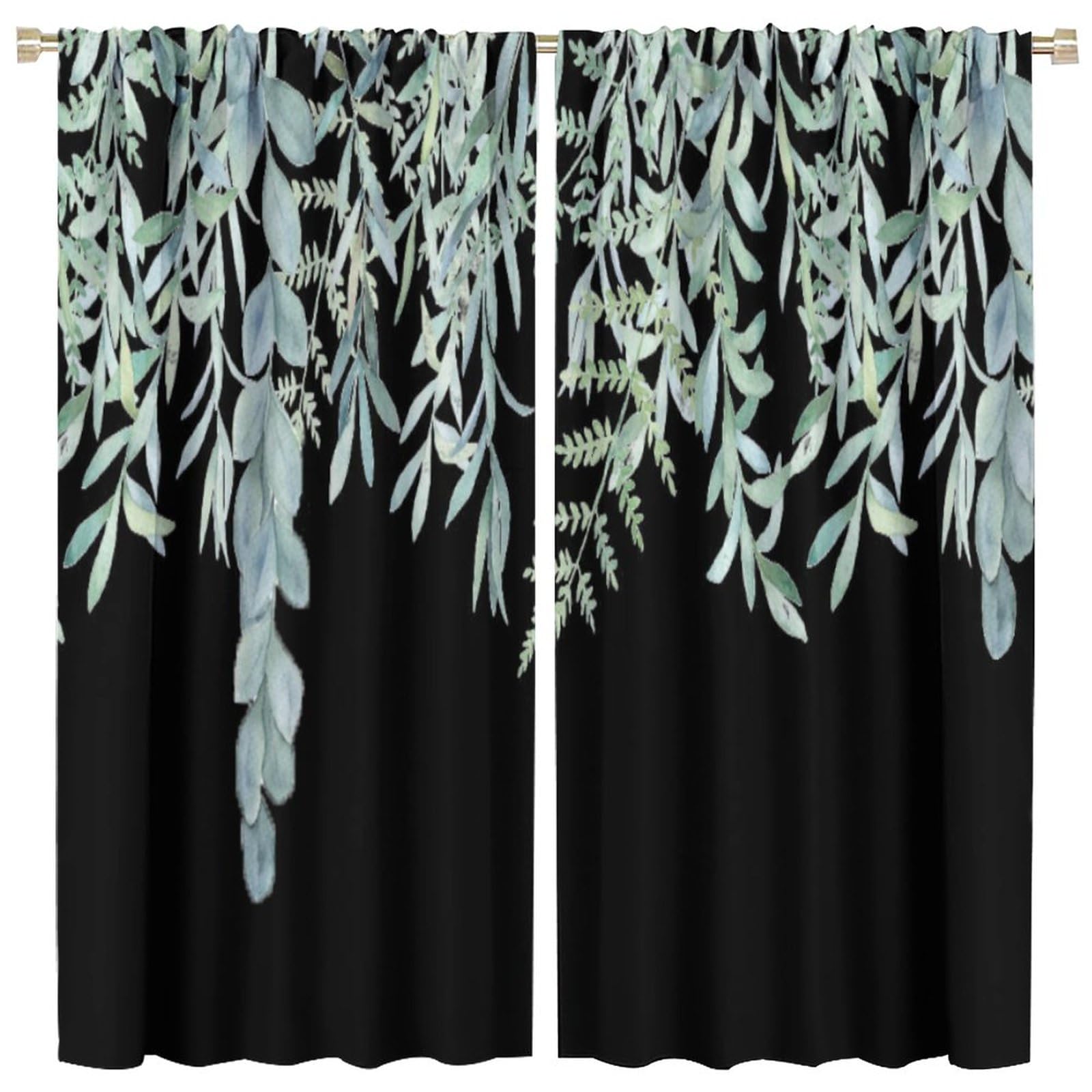 Green Leaves Curtains Rod Pocket Watercolor Eucalyptus Black Gold Botanical Plants Spring Floral for Cafe Room Chidren Window Curtain Drapes 2 Panels 42x45 Inch