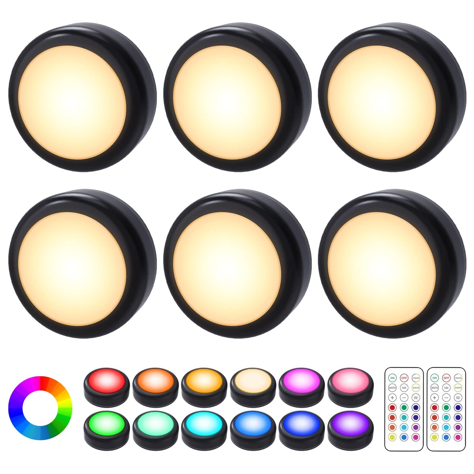 DOOKOO Puck Lights, 6 Pack 13 Colors Changeable LED Puck lightings Battery Powered Dimmable Under Cabinet Lights, Battery Powered Under Counter Lights with 2 Wireless Remote Controls, Black