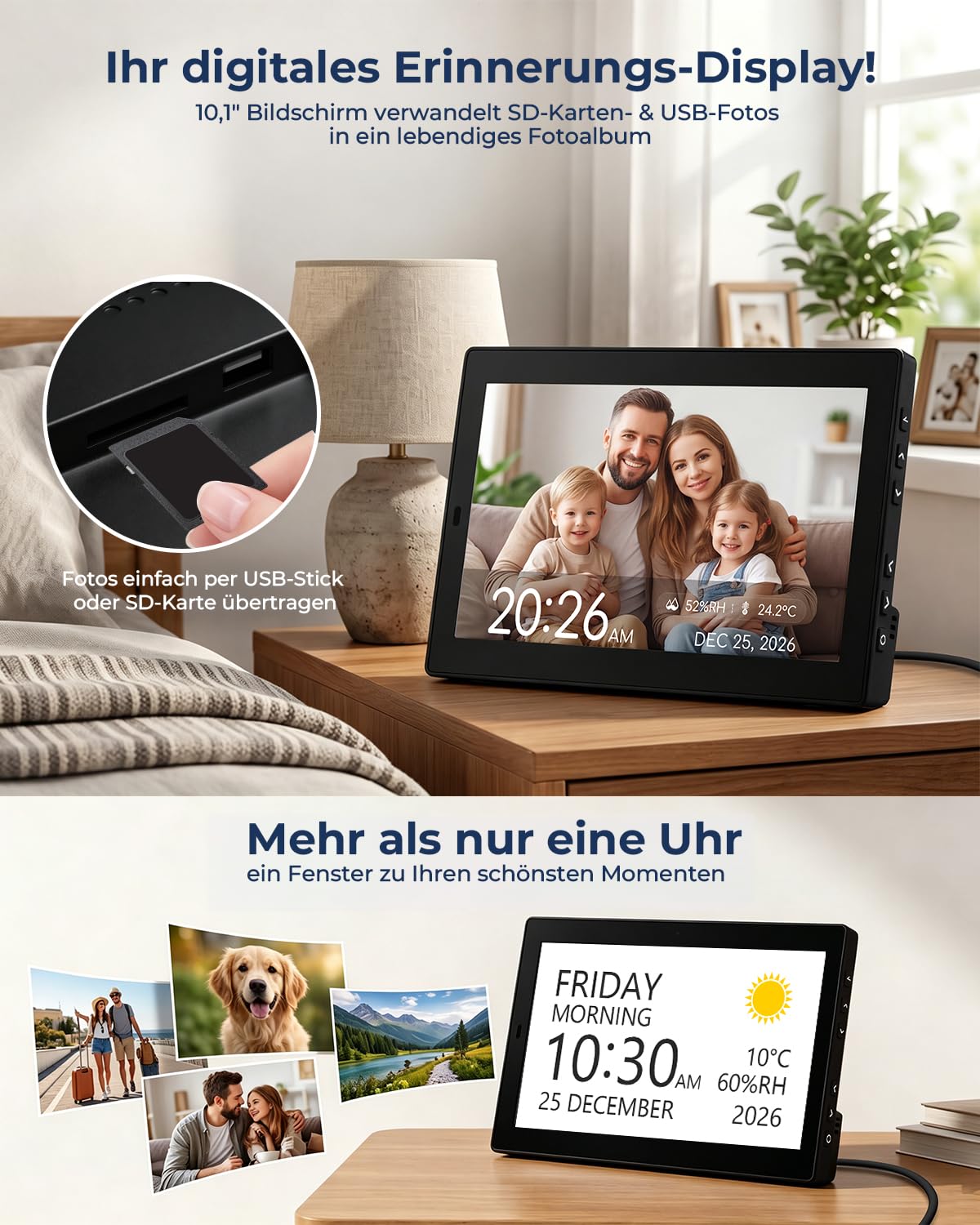 ROCAM 10,1" Demenz Uhr für Senioren, Digitaler Wecker mit Kalender | 20 Alarmen und Erinnerungen, Großes IPS Display, Datum, Wochentag, Temperatur, Luftfeuchtigkeit, Foto-Diashow über USB/SD