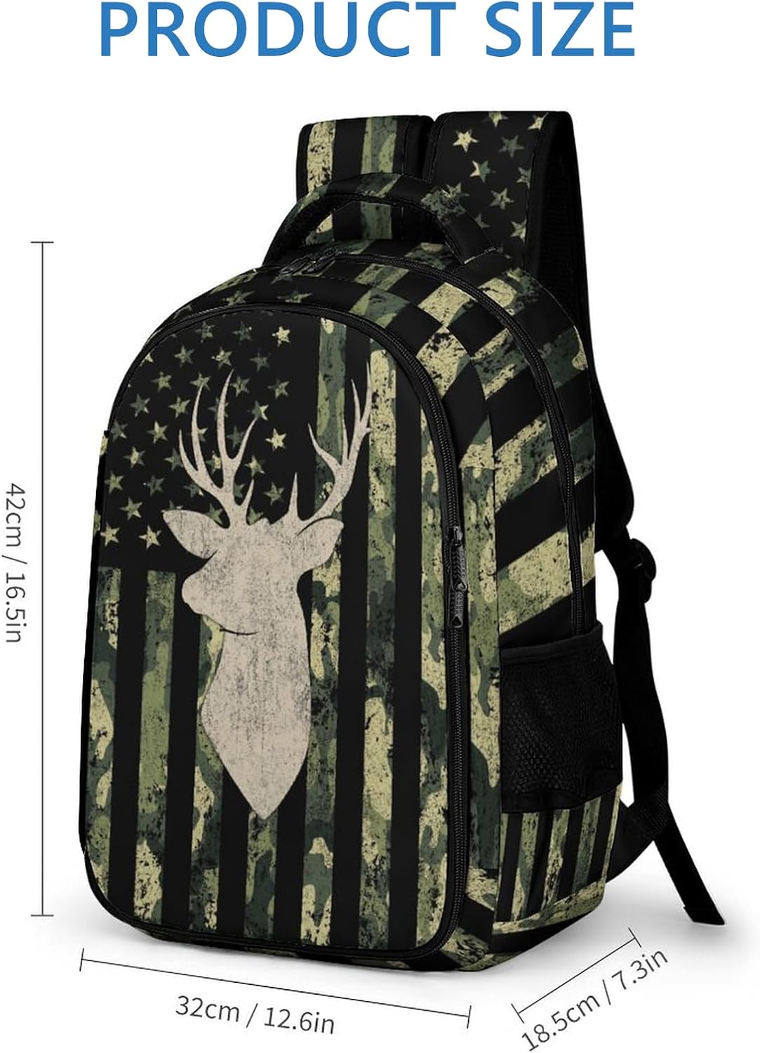 GNEW American Flag Camo Buck Deer Backpack, Army Green Camo School Backpack for Boys, Kids Teens, Water Resistant Daypack Travel Laptop Backpack, 16.5 Inch - Image 2