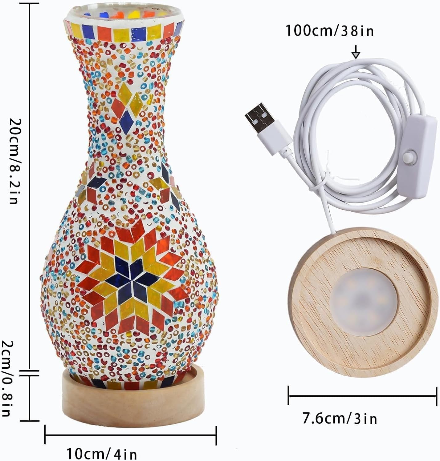 Retro Turkish Mosaic Vase Lamp Turkish Moroccan Table Lamp Colorful Handmade Glass Vase with Wood Base for Flowers USB Charge Decor Light for Bedroom Ambient Living Room Farmhouse