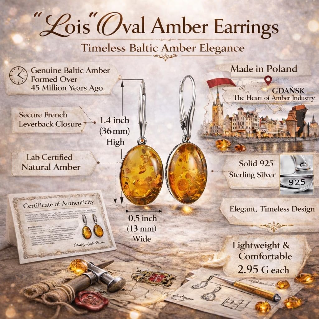Amber Earrings - French Leverback Honey Oval Baltic Amber Dangling Earrings "Lois" - Sterling Silver Jewelry Collection