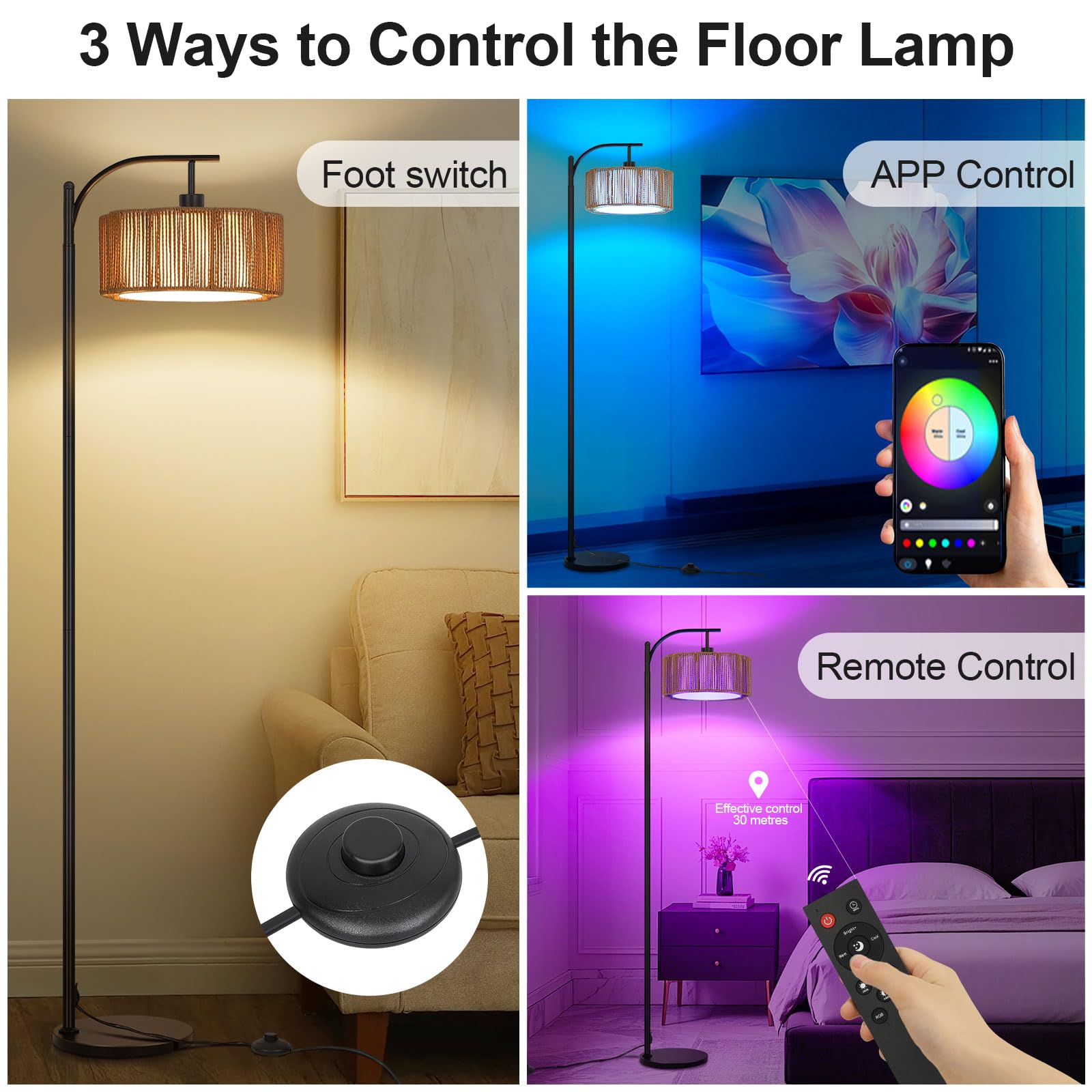 Lámpara de Pie RGB Regulable con APP y Mando a Distancia, Lámpara de Pie Inteligente Ratán Boho con Temporizador, Modo Música y DIY, Bombilla E27 Incluida, para Salón Dormitorio Oficina