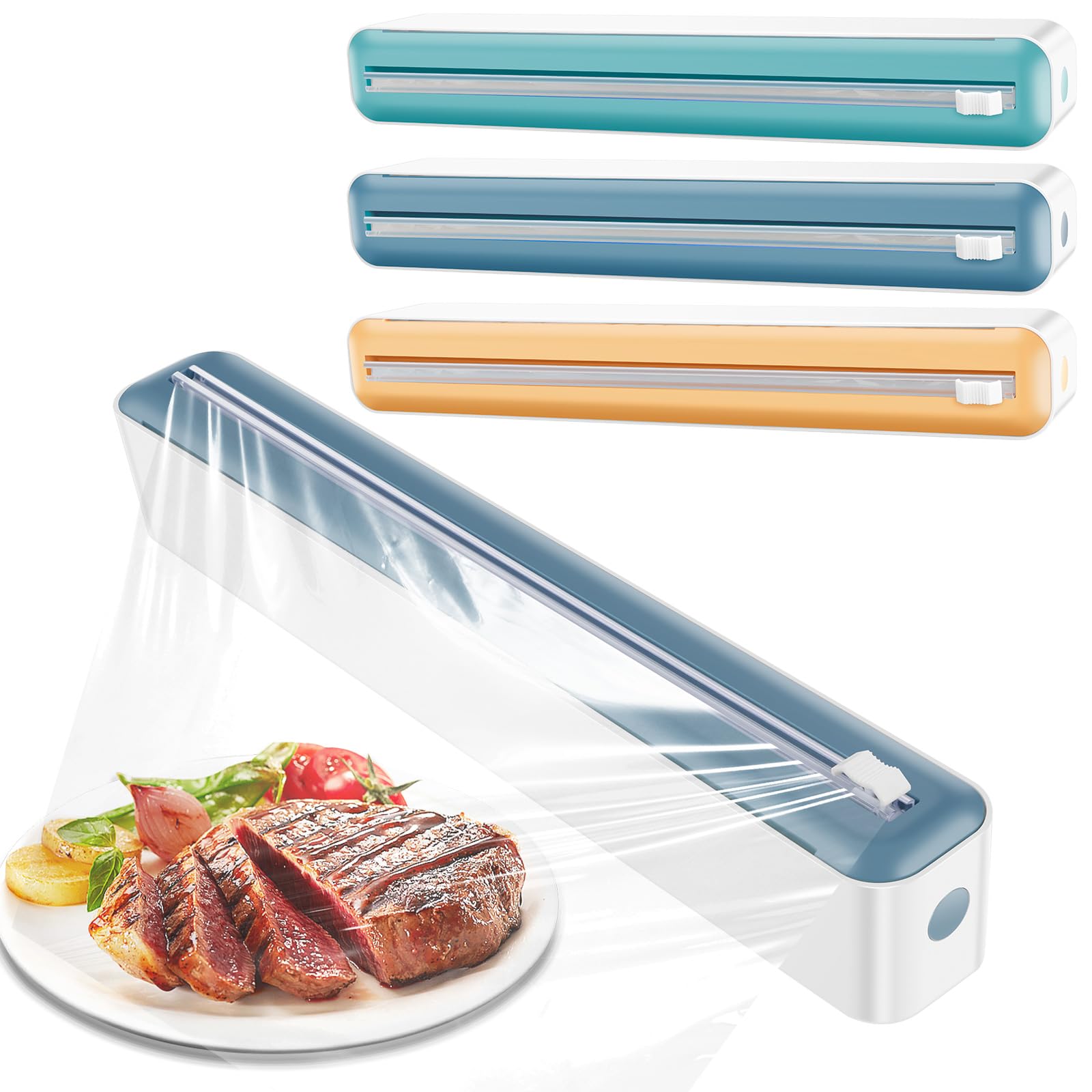 3Pcs Wrap Dispenser,Plastic Cling Film Dispenser with Cutter,2 in 1 Magnetic Clingfilm Dispenser,35 CM Refillable Clingfilm Aluminum Tin Foil Dispenser and Cutter Wall-mounted for Home and Kitchen