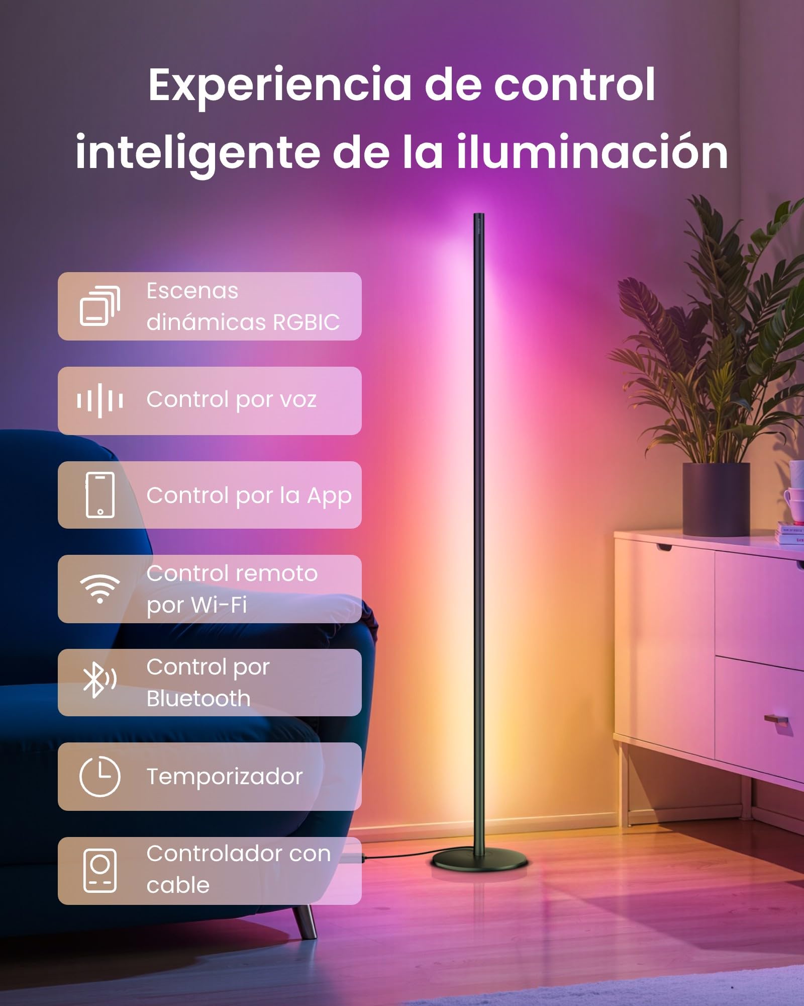 SwitchBot Matter RGBICWW Lampara de Pie, Blanco Cálido & Frío, Lámpara de Pie LED compatible con Apple Home, Alexa, Google Home, 16 Millones Colores, 1200lm, Sincronización de Música, Modos de Escena