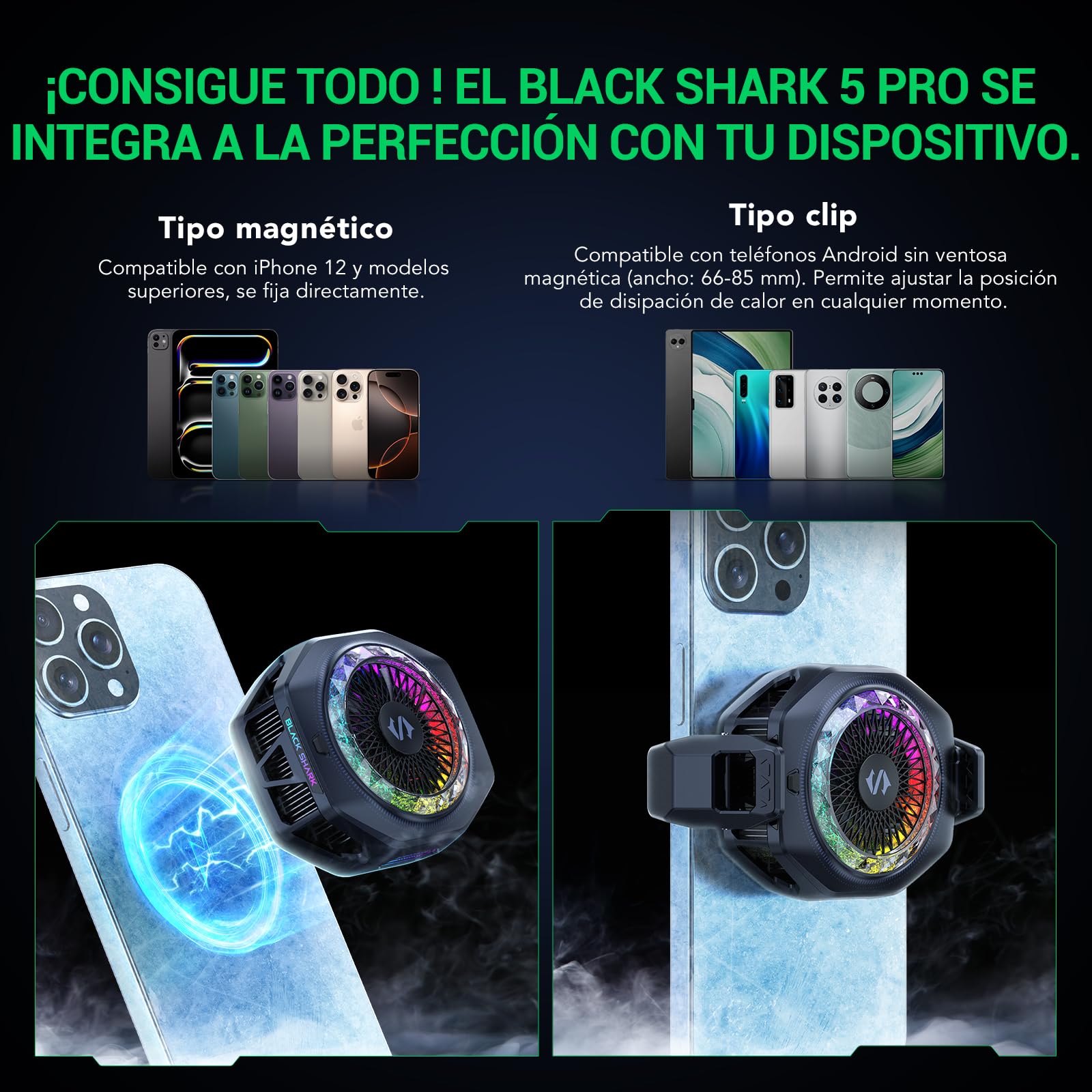 Black Shark Enfriador magnético para teléfono 5 Pro – 18 LED RGB direccionables, agarre desmontable, ventilador de refrigeración termostático controlado por aplicación para iPhone MagSafe/Android/iPad