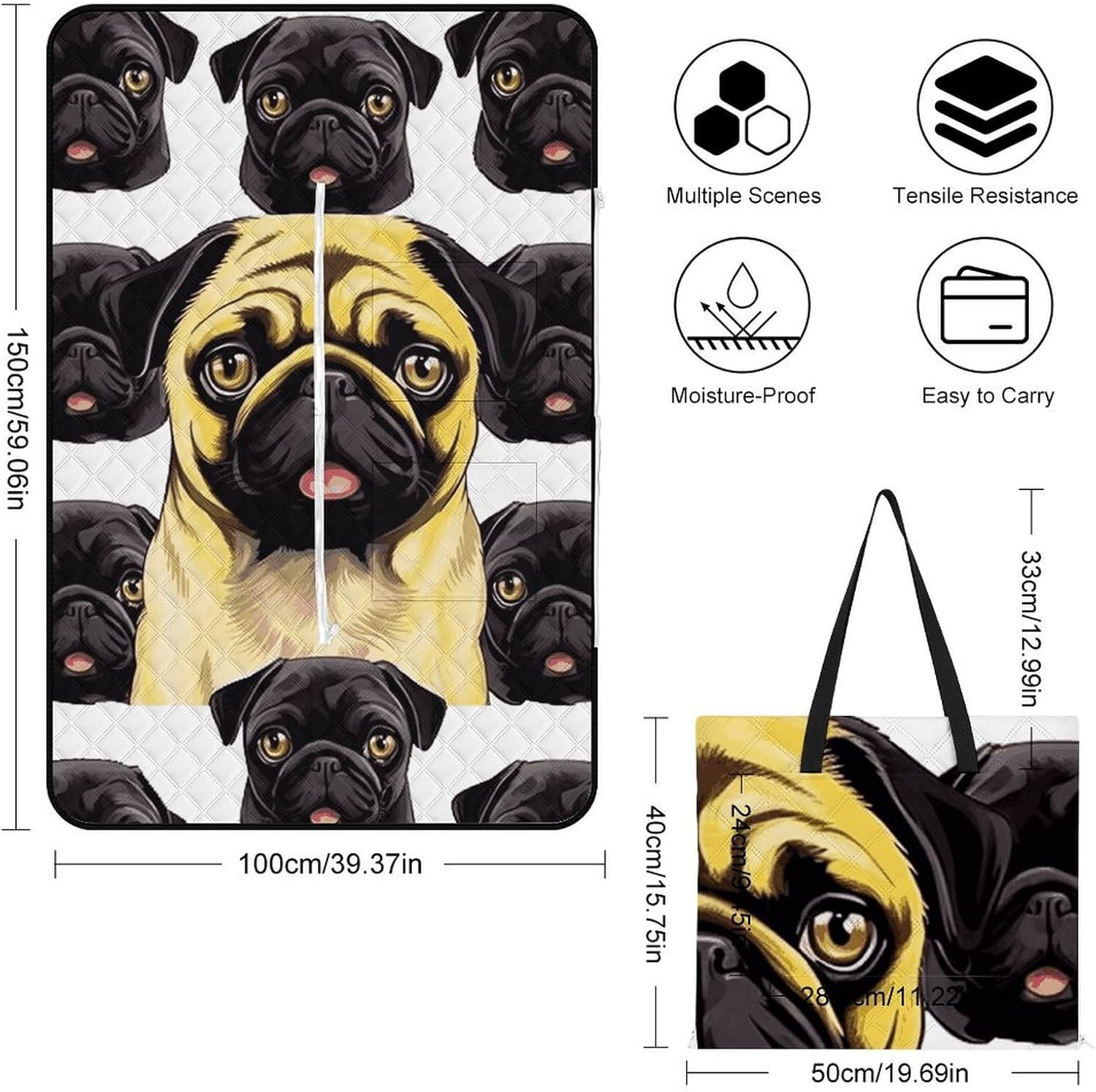 Black Yellow Pug Picnic Blanket 150x100cm, Foldable 2-in-1 Picnic Mat and Tote Bag Portable Waterproof Beach Mat Sandproof Outdoor Blanket for Park, Hiking, Beach, Camping, Travel