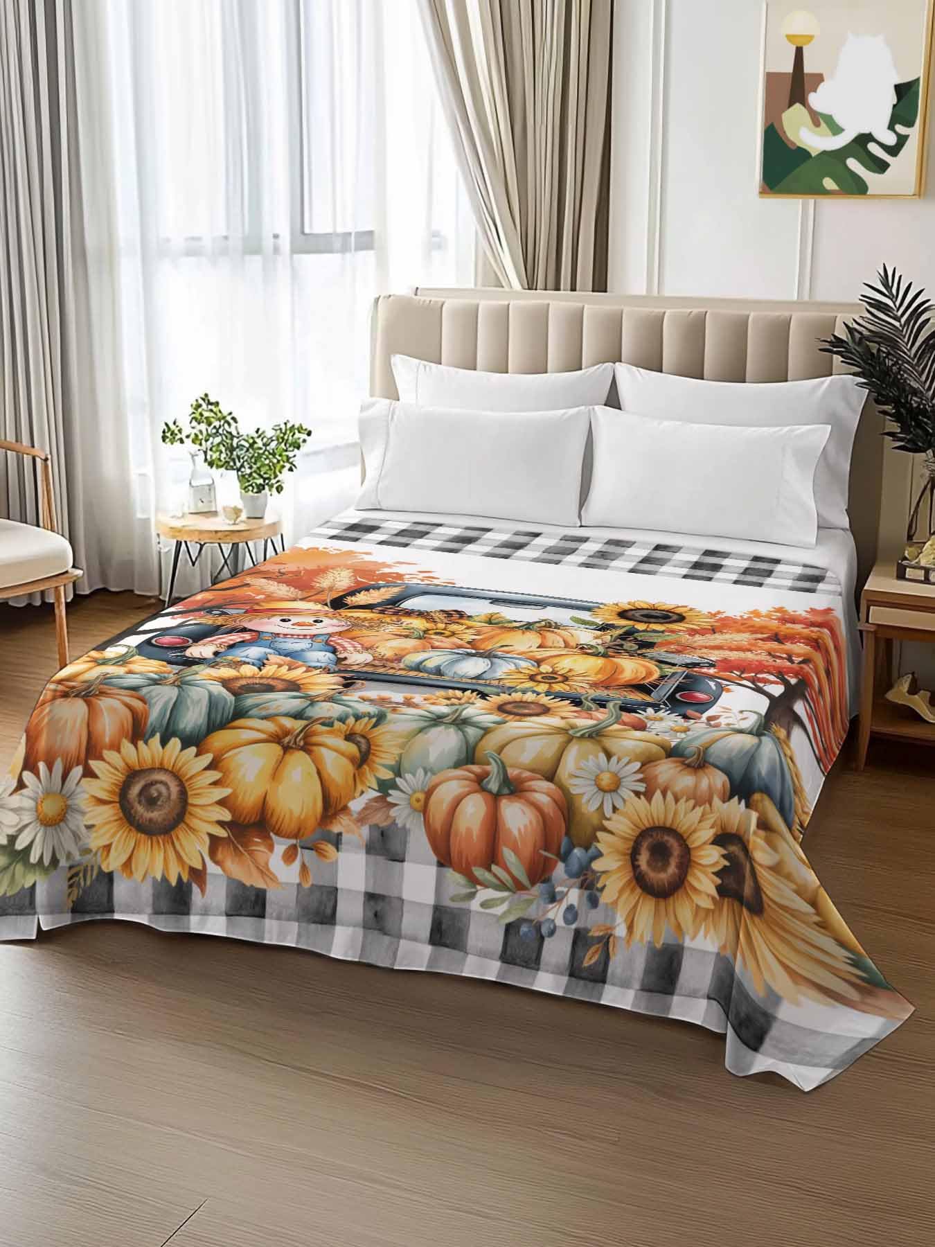 King Size Flat Sheet Only, Thanksgiving Pumpkin Sunflower Farm Truck Bed Top Sheet Soft Microfiber Breathable Bedding Flat Sheets, Orange Maple Tree Top Sheets Hotel Luxury
