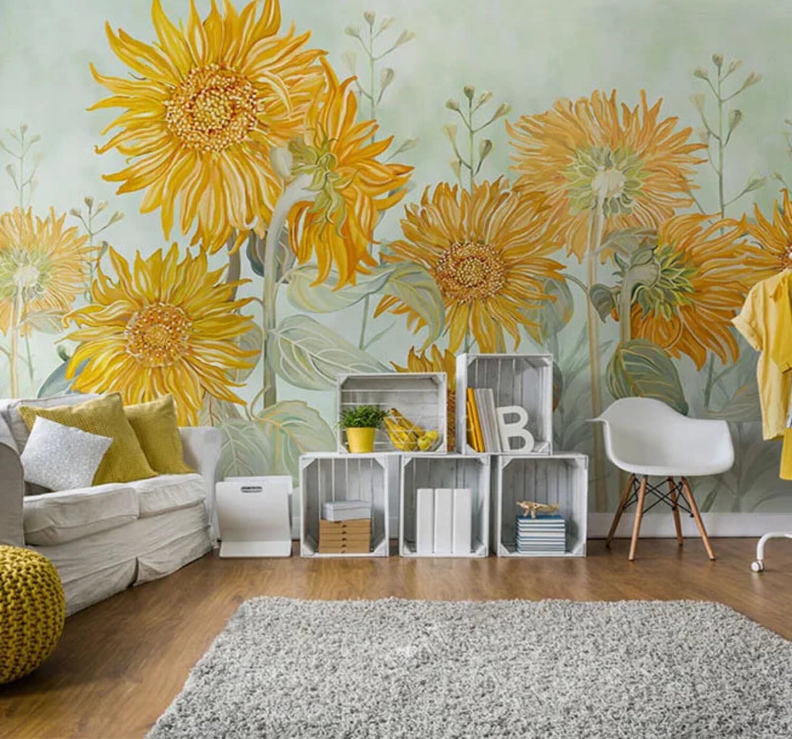 Tzxztt Minimalist Beautiful Painted Yellow Sunflower Modern 3D Wallpaper Premium Textured Silk Neutral Tones Material Ideal for Living Room Bedroom-430cm×300cm
